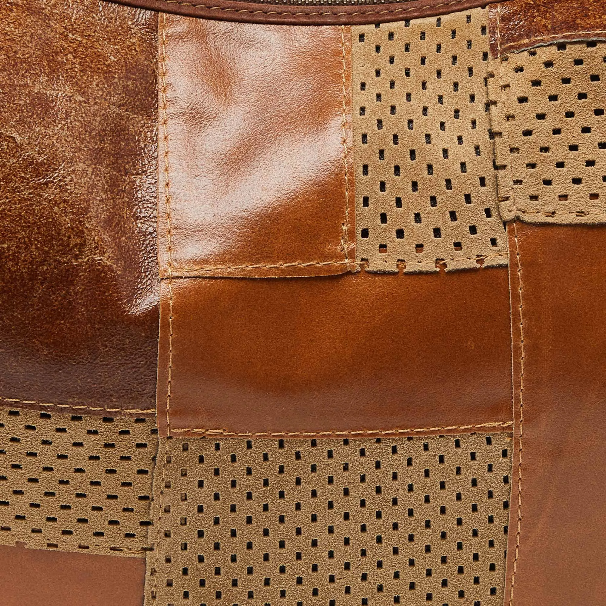 DIOR Brown Perforated Suede and Leather Patchwork Hobo