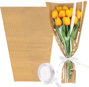 DIYASY 50 Pcs Flower Wrapping Bags for Bouquets, Kraft Paper Floral Packing Sleeves with Ribbons Florist Wrap Supplies for Wedding Mother's Day Graduation Gift 9.8x3.9x17.9 Inch