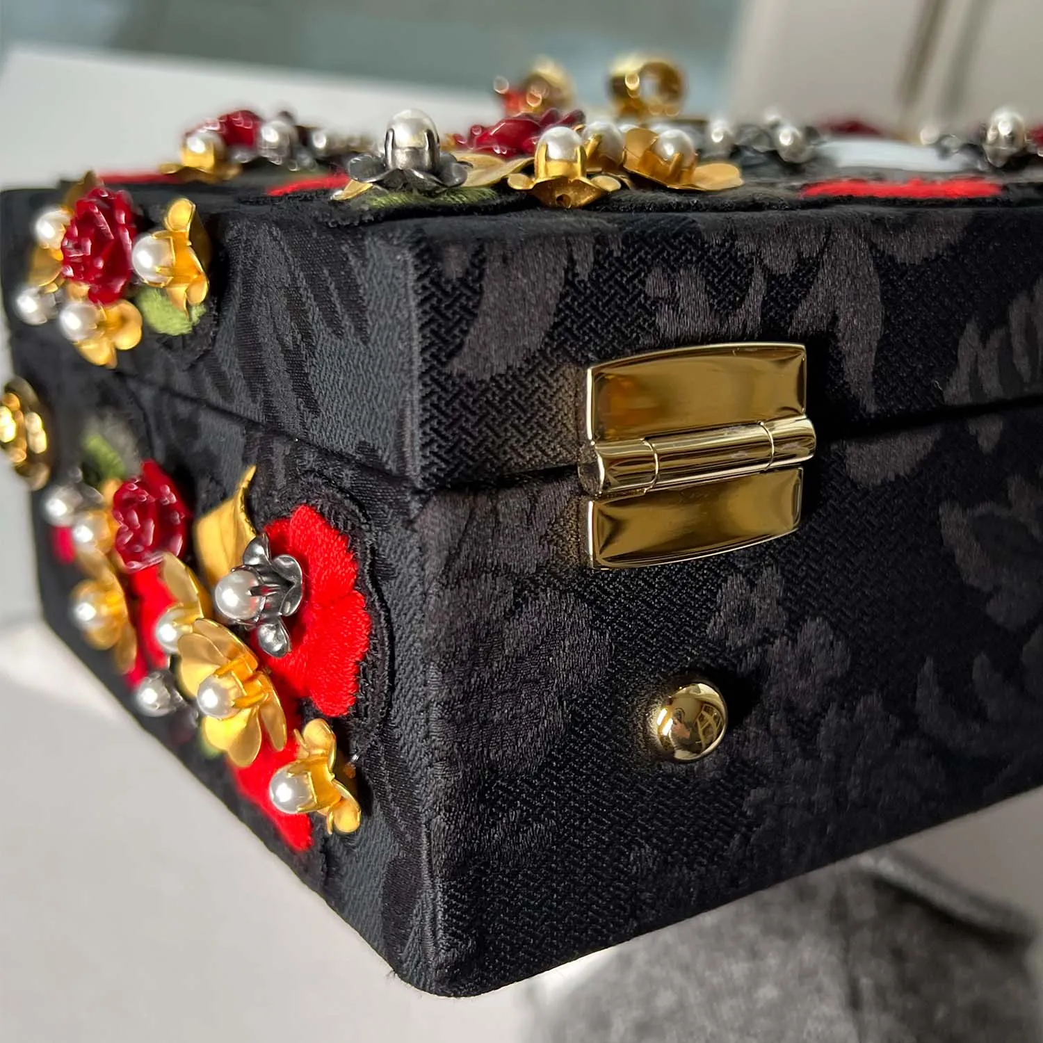 Dolce & Gabbana Black Sacred Heart & Roses Embroidered Box Bag