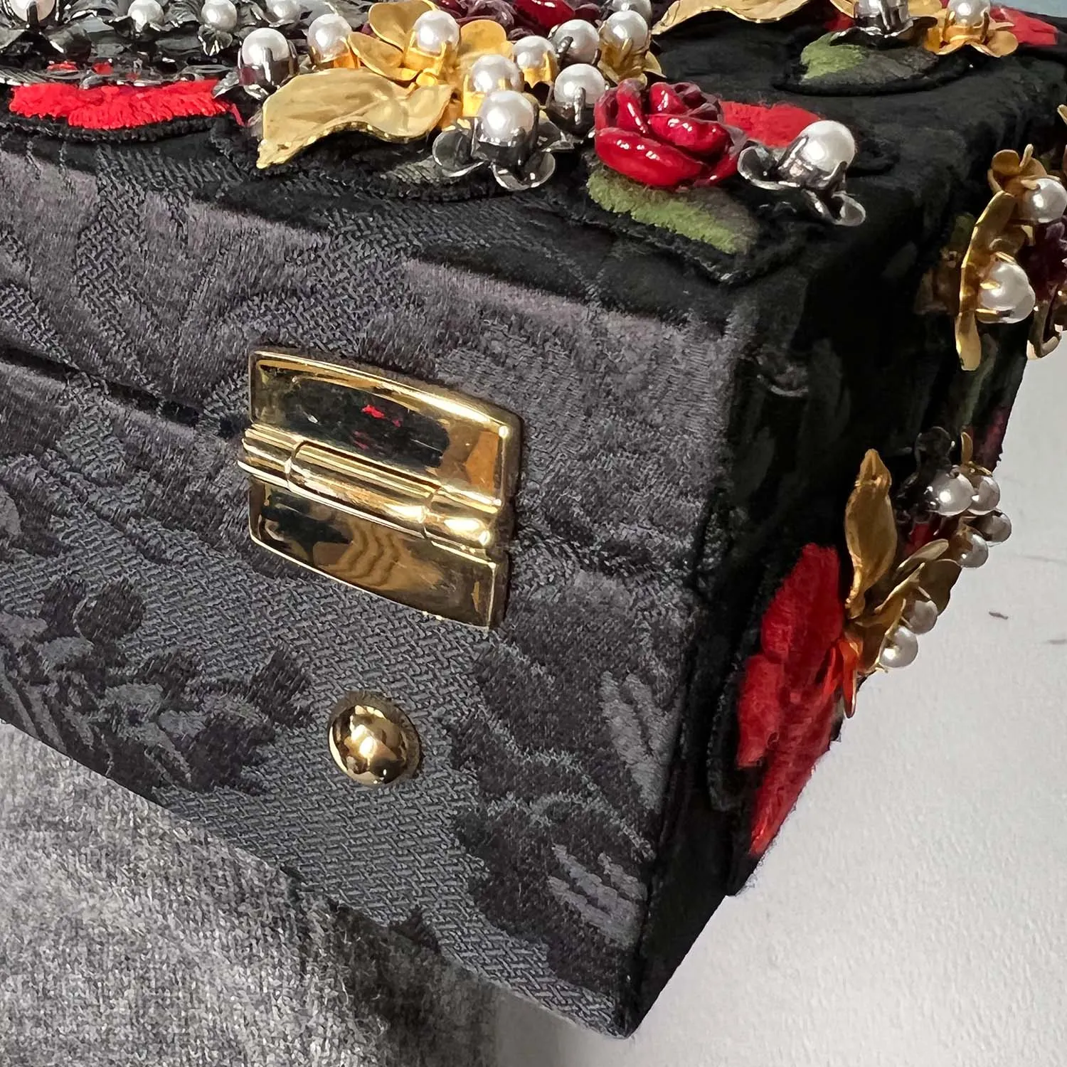 Dolce & Gabbana Black Sacred Heart & Roses Embroidered Box Bag