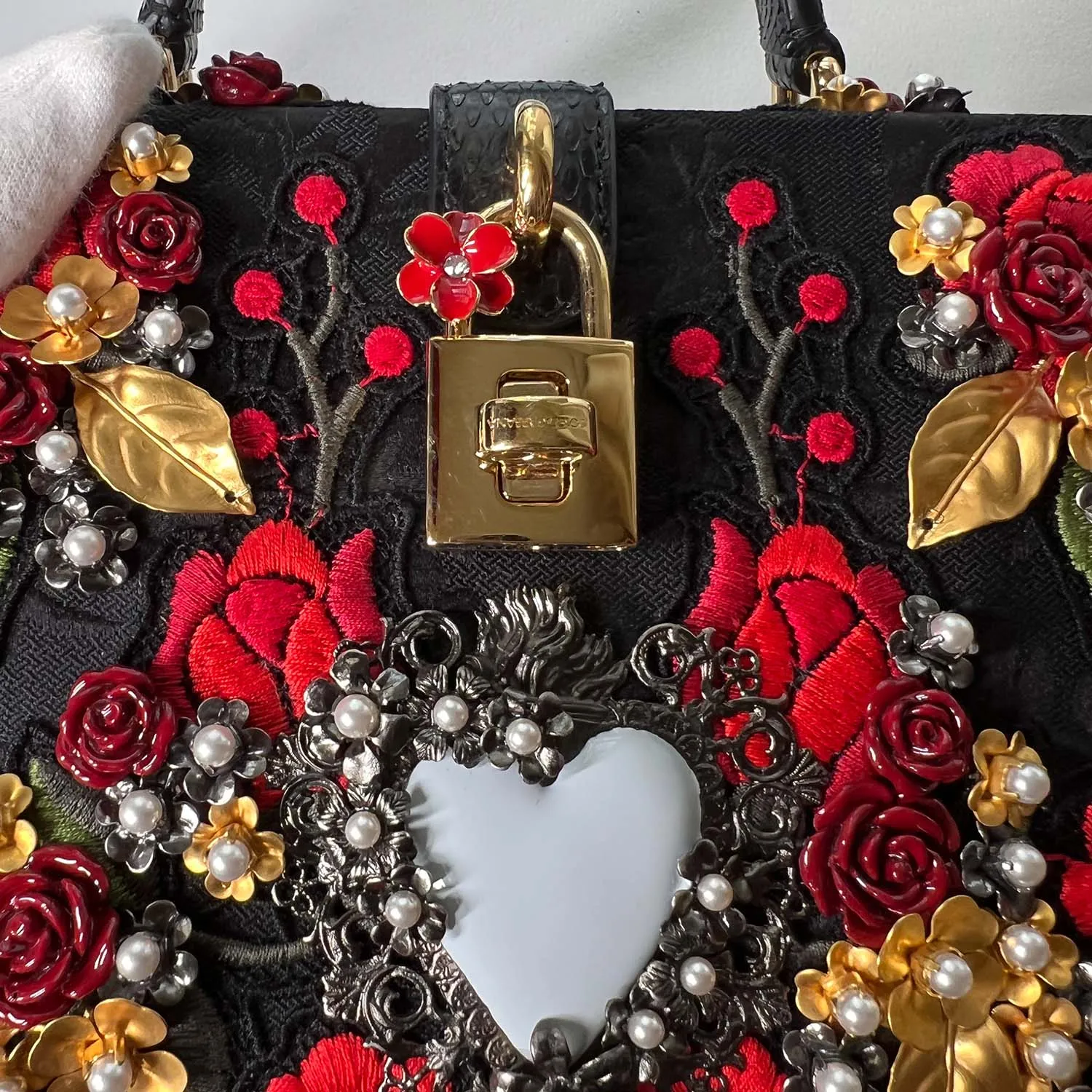 Dolce & Gabbana Black Sacred Heart & Roses Embroidered Box Bag