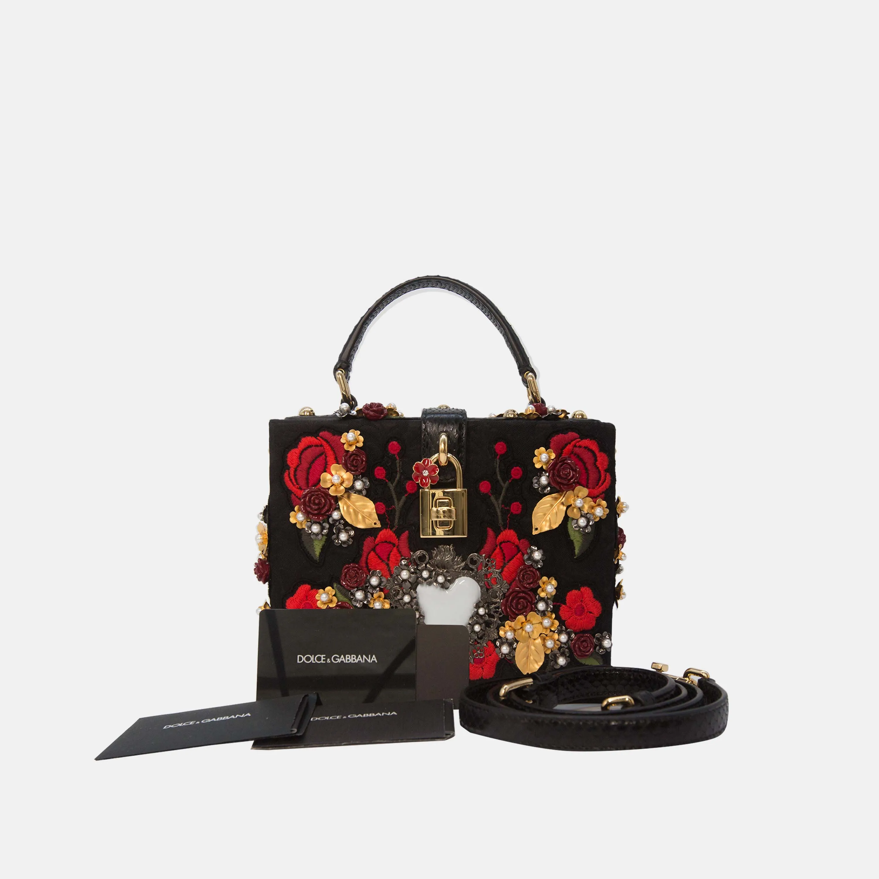 Dolce & Gabbana Black Sacred Heart & Roses Embroidered Box Bag