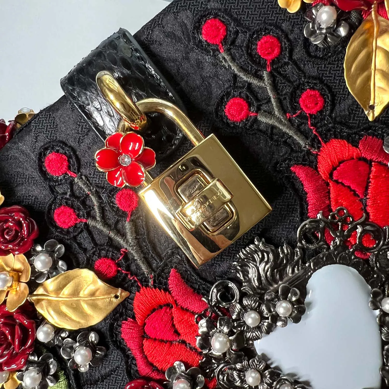 Dolce & Gabbana Black Sacred Heart & Roses Embroidered Box Bag