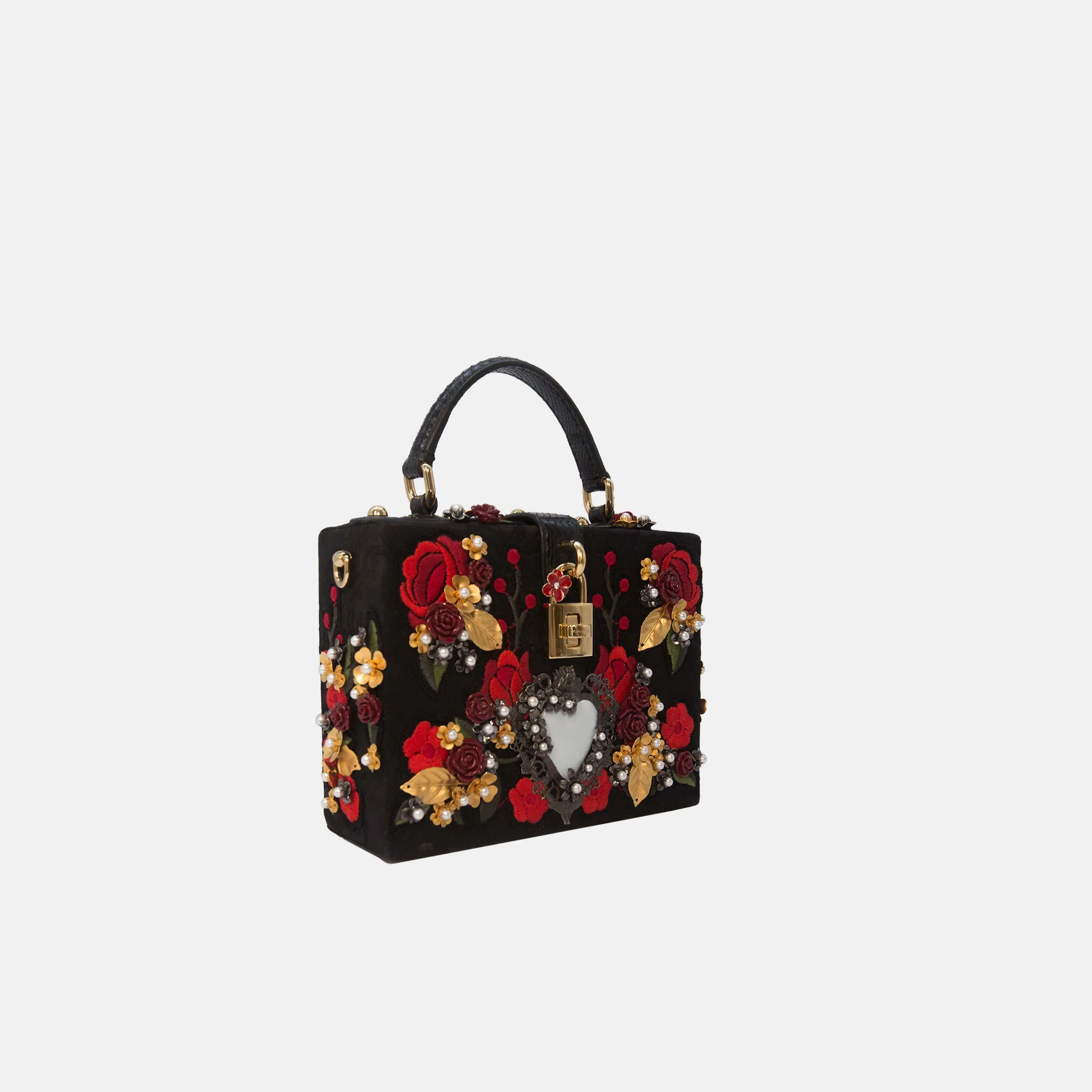 Dolce & Gabbana Black Sacred Heart & Roses Embroidered Box Bag