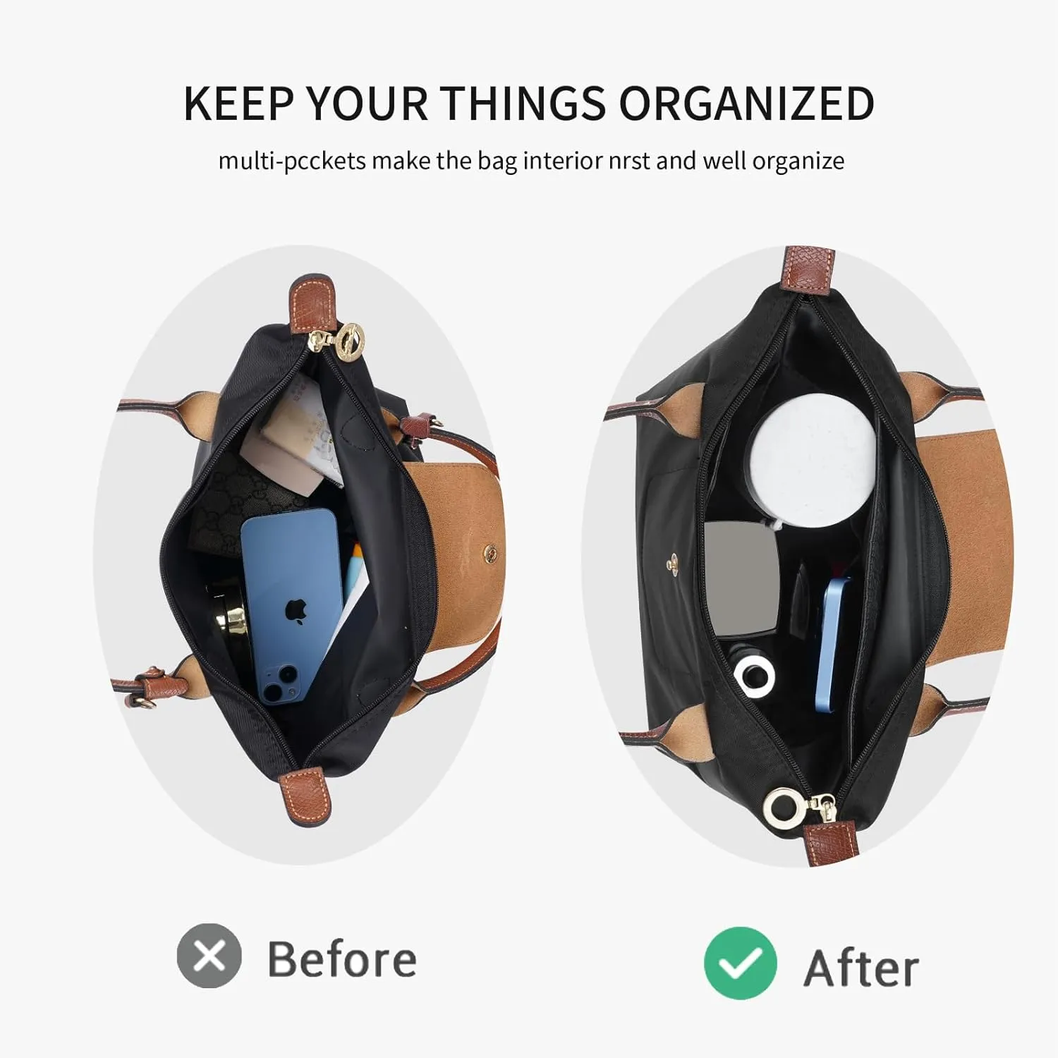 DuPont Paper Purse Organizer insert for Longchamp Le Pliage M Handbag Insert（Medium,Black）