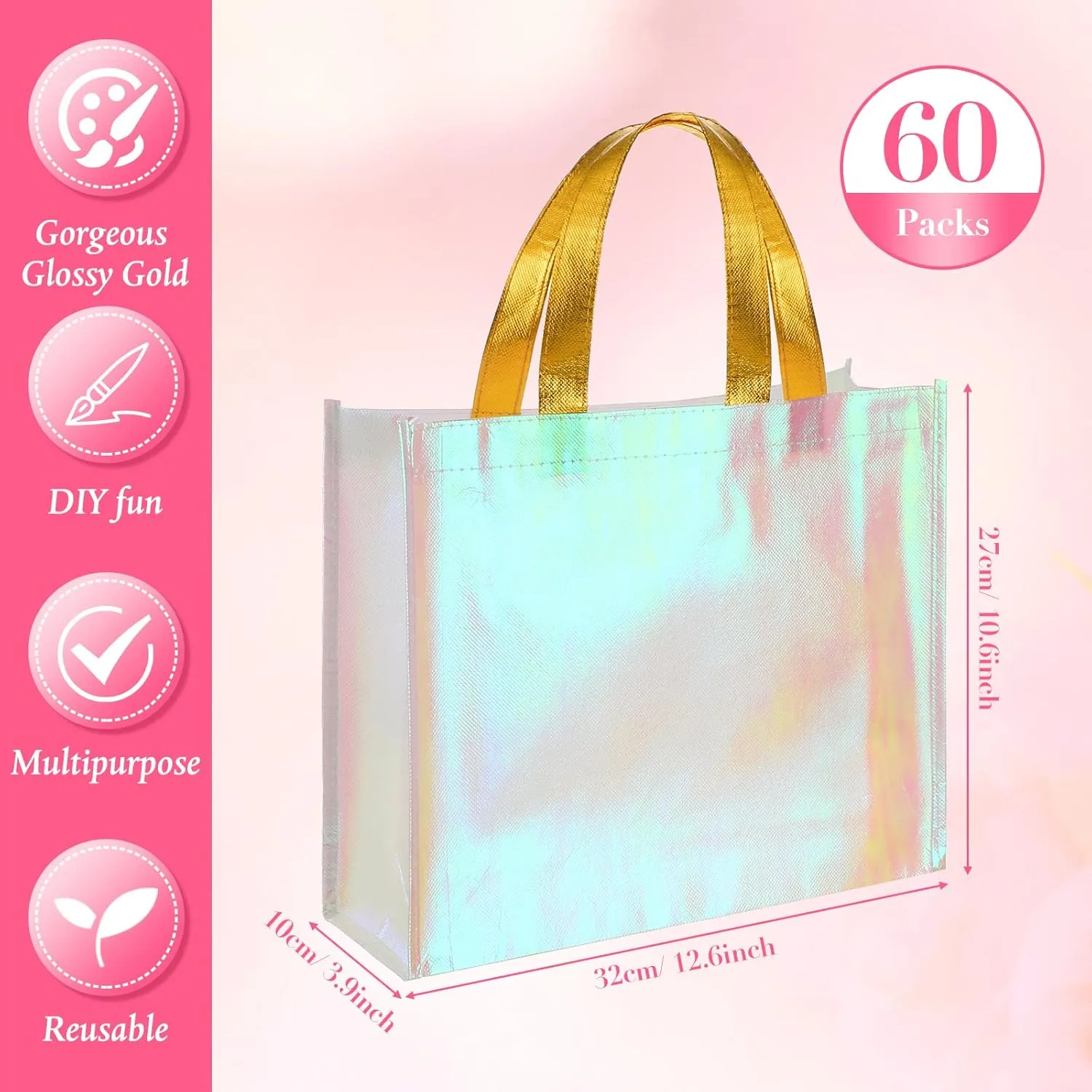 Eccliy 60 Pcs Reusable Gift Tote Bags Grocery Shopping Bag with Handles Thank You Gift Bags for Bridesmaid Wedding(Pink)