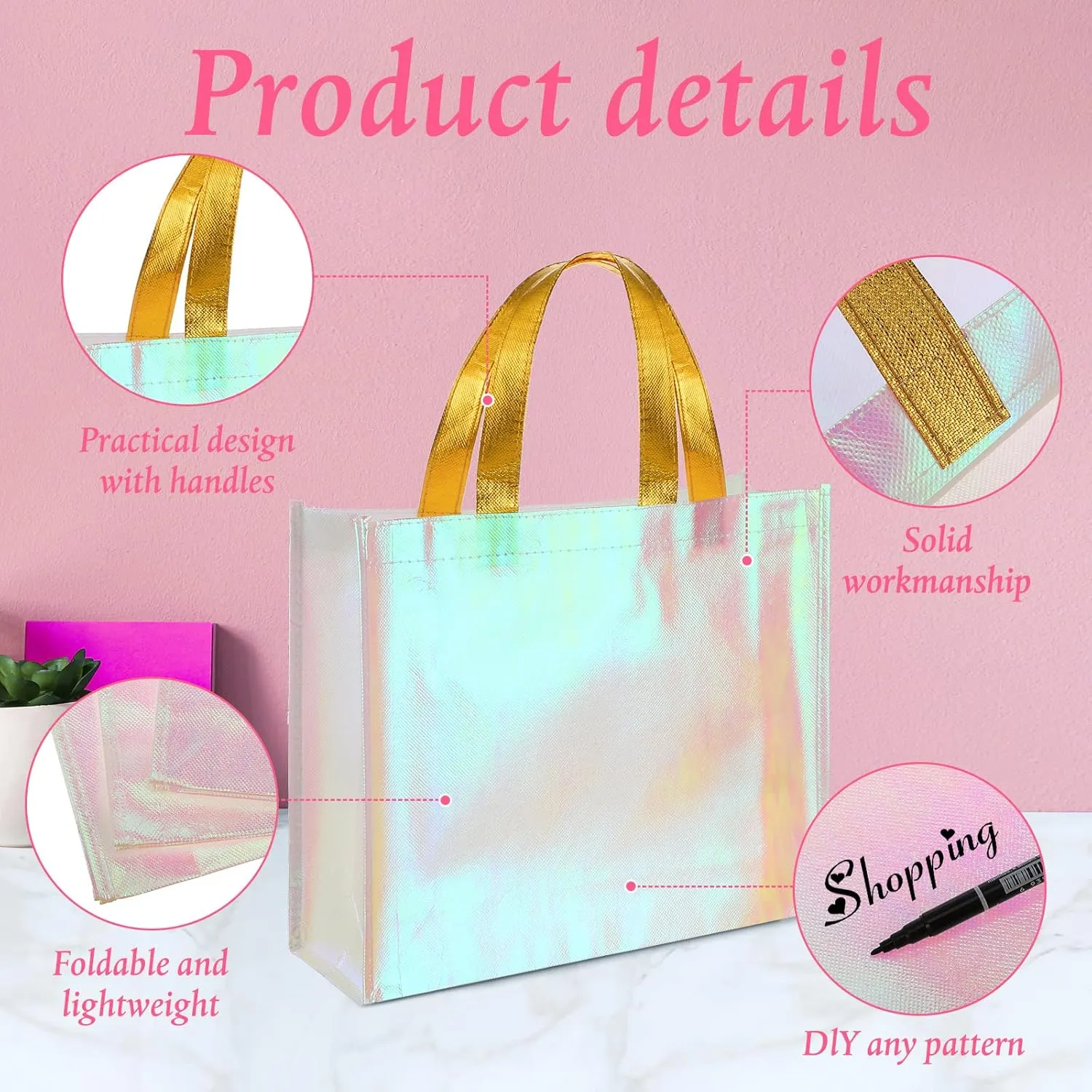 Eccliy 60 Pcs Reusable Gift Tote Bags Grocery Shopping Bag with Handles Thank You Gift Bags for Bridesmaid Wedding(Pink)