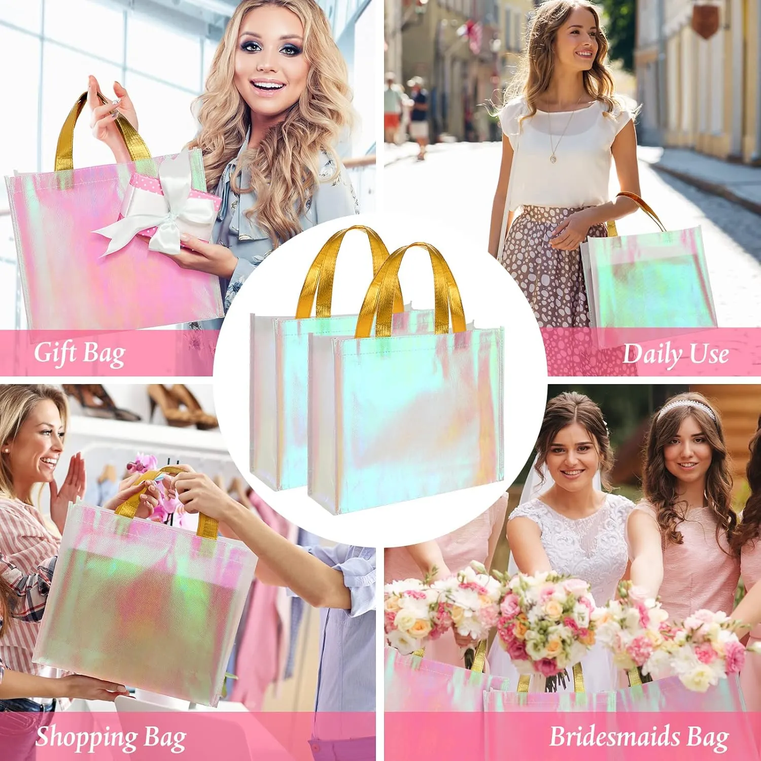 Eccliy 60 Pcs Reusable Gift Tote Bags Grocery Shopping Bag with Handles Thank You Gift Bags for Bridesmaid Wedding(Pink)