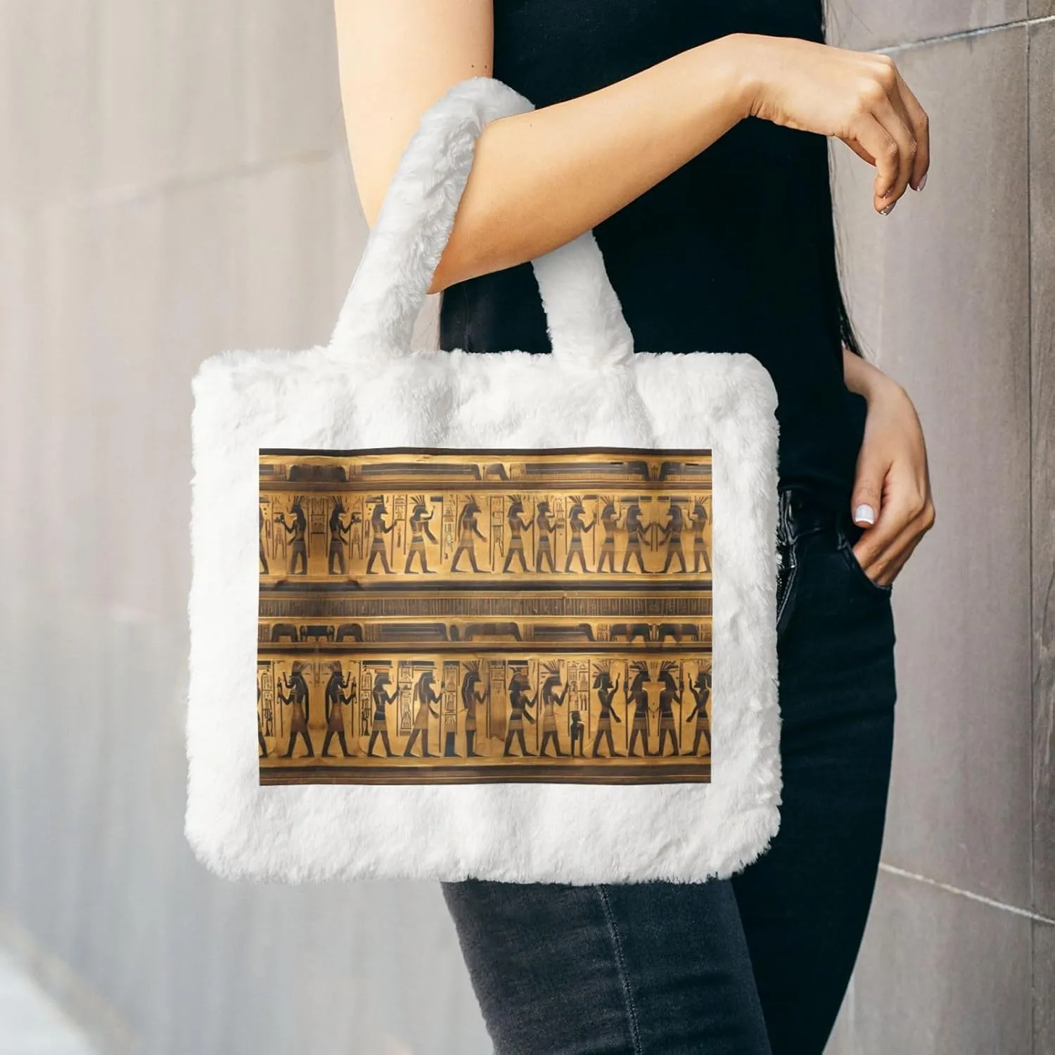 Egypt Hieroglyphics Printing Fluffy Shoulder Bag Ladies Plush Underarm Bag Tote Bag Furry Purse Handbag For Work Travel