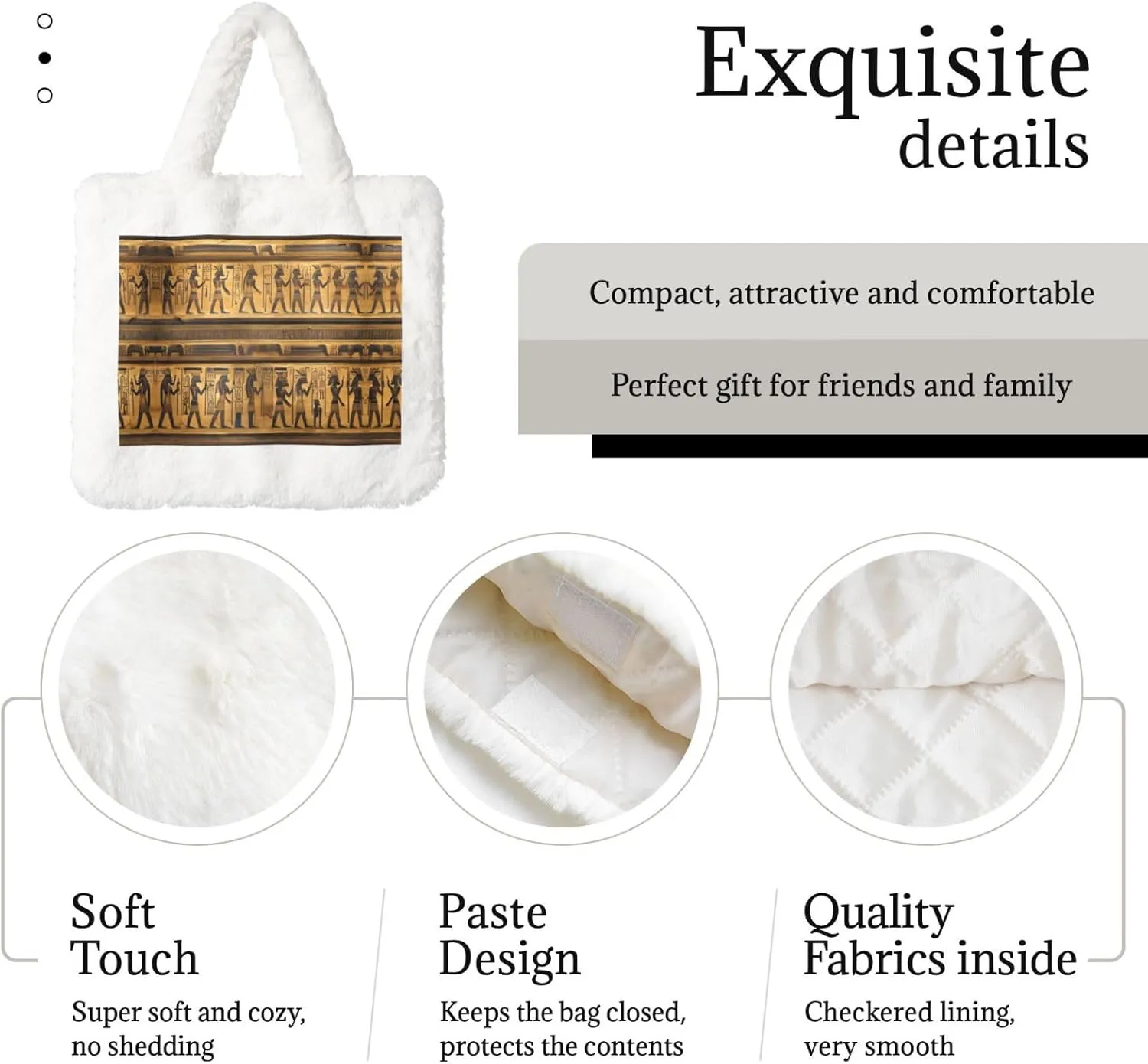 Egypt Hieroglyphics Printing Fluffy Shoulder Bag Ladies Plush Underarm Bag Tote Bag Furry Purse Handbag For Work Travel