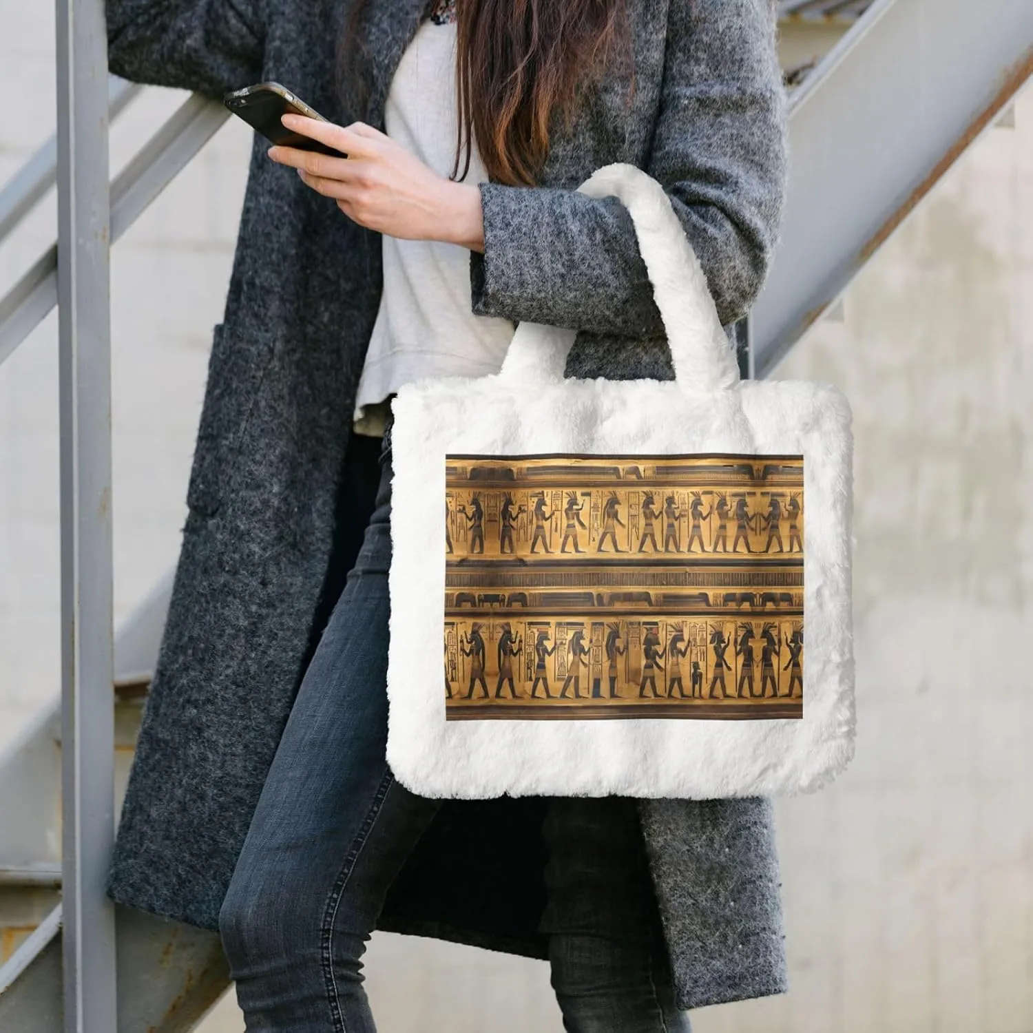 Egypt Hieroglyphics Printing Fluffy Shoulder Bag Ladies Plush Underarm Bag Tote Bag Furry Purse Handbag For Work Travel