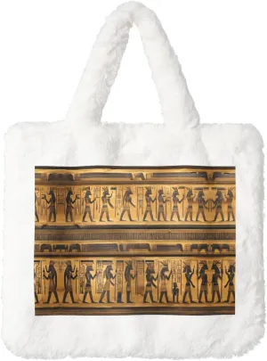 Egypt Hieroglyphics Printing Fluffy Shoulder Bag Ladies Plush Underarm Bag Tote Bag Furry Purse Handbag For Work Travel
