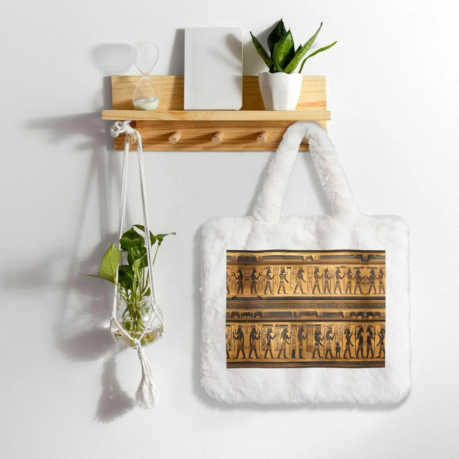 Egypt Hieroglyphics Printing Fluffy Shoulder Bag Ladies Plush Underarm Bag Tote Bag Furry Purse Handbag For Work Travel