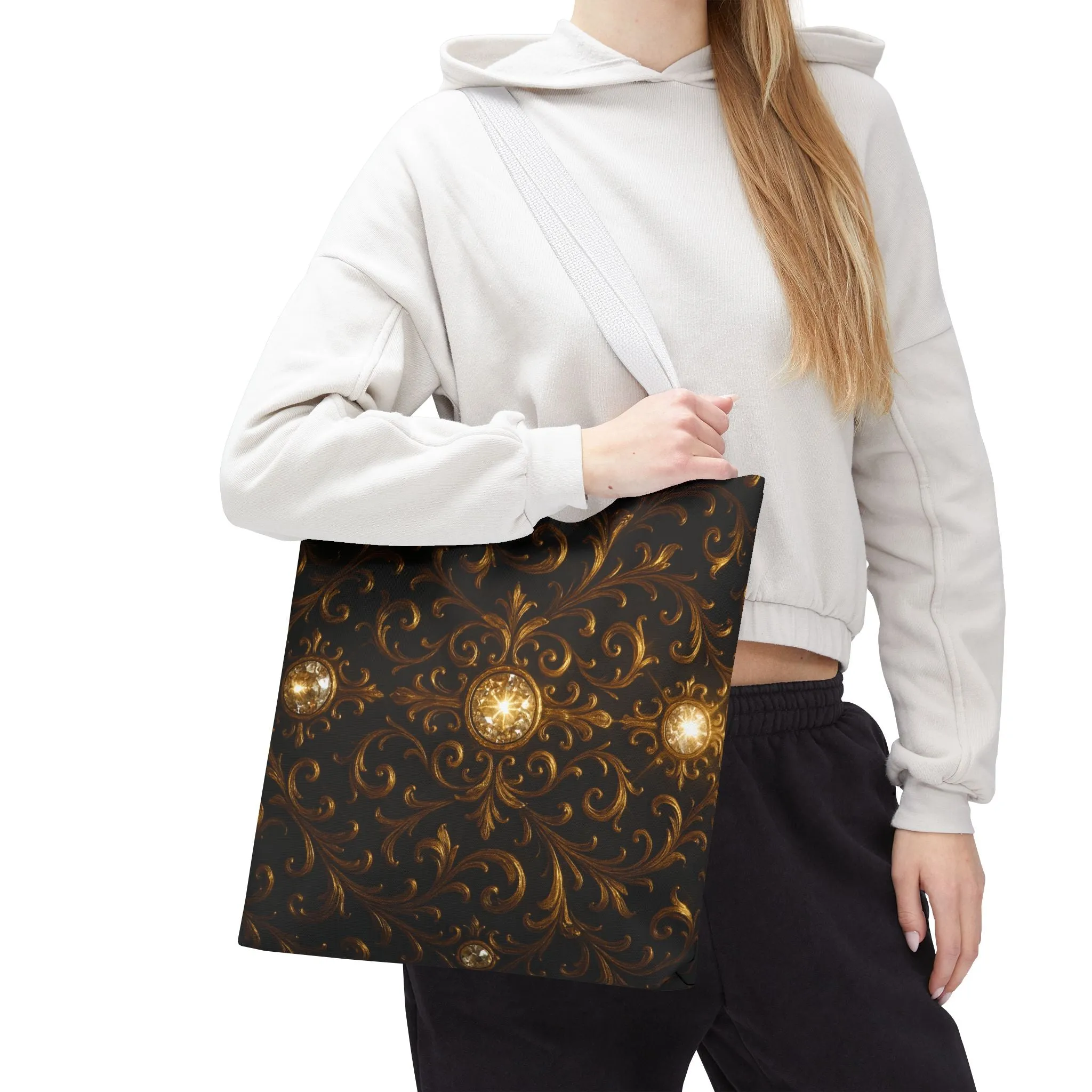 Elegant Baroque Tote Bag - Black and Gold Ornate Design Purse, Reusable Stylish Shoulder Bag for Women, Vintage Luxe Aesthetic Gift