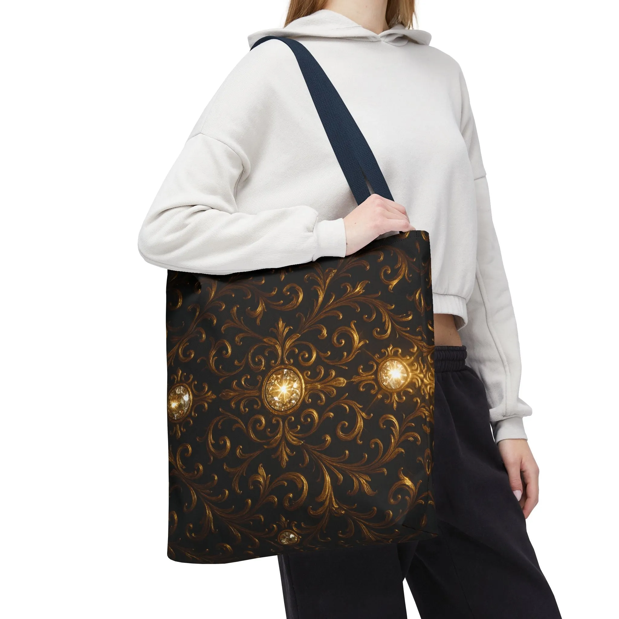 Elegant Baroque Tote Bag - Black and Gold Ornate Design Purse, Reusable Stylish Shoulder Bag for Women, Vintage Luxe Aesthetic Gift