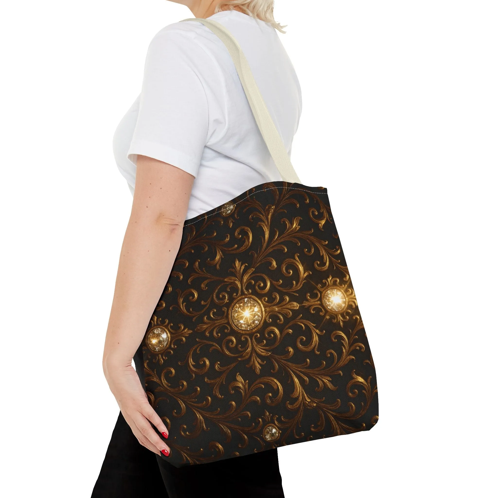 Elegant Baroque Tote Bag - Black and Gold Ornate Design Purse, Reusable Stylish Shoulder Bag for Women, Vintage Luxe Aesthetic Gift