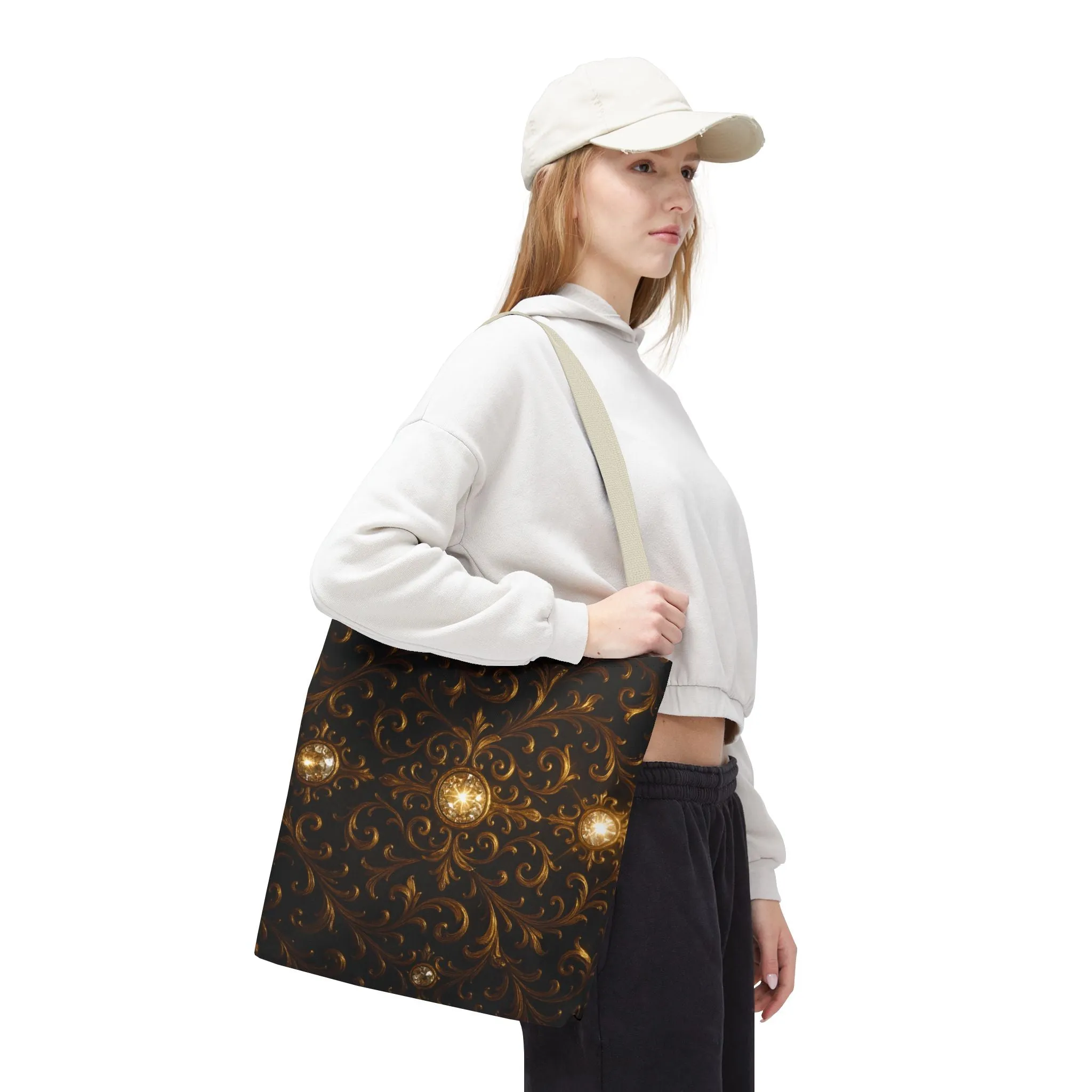 Elegant Baroque Tote Bag - Black and Gold Ornate Design Purse, Reusable Stylish Shoulder Bag for Women, Vintage Luxe Aesthetic Gift