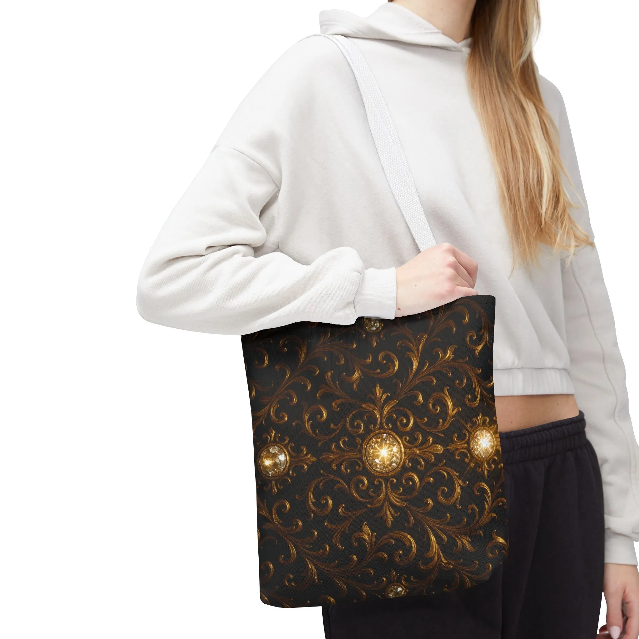 Elegant Baroque Tote Bag - Black and Gold Ornate Design Purse, Reusable Stylish Shoulder Bag for Women, Vintage Luxe Aesthetic Gift