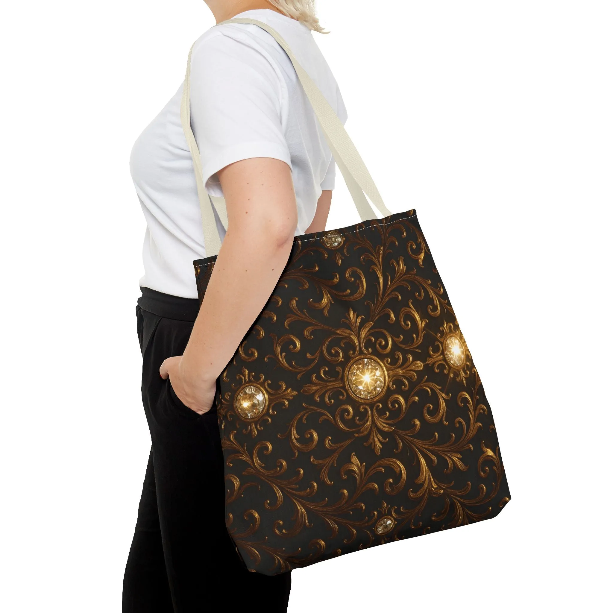 Elegant Baroque Tote Bag - Black and Gold Ornate Design Purse, Reusable Stylish Shoulder Bag for Women, Vintage Luxe Aesthetic Gift