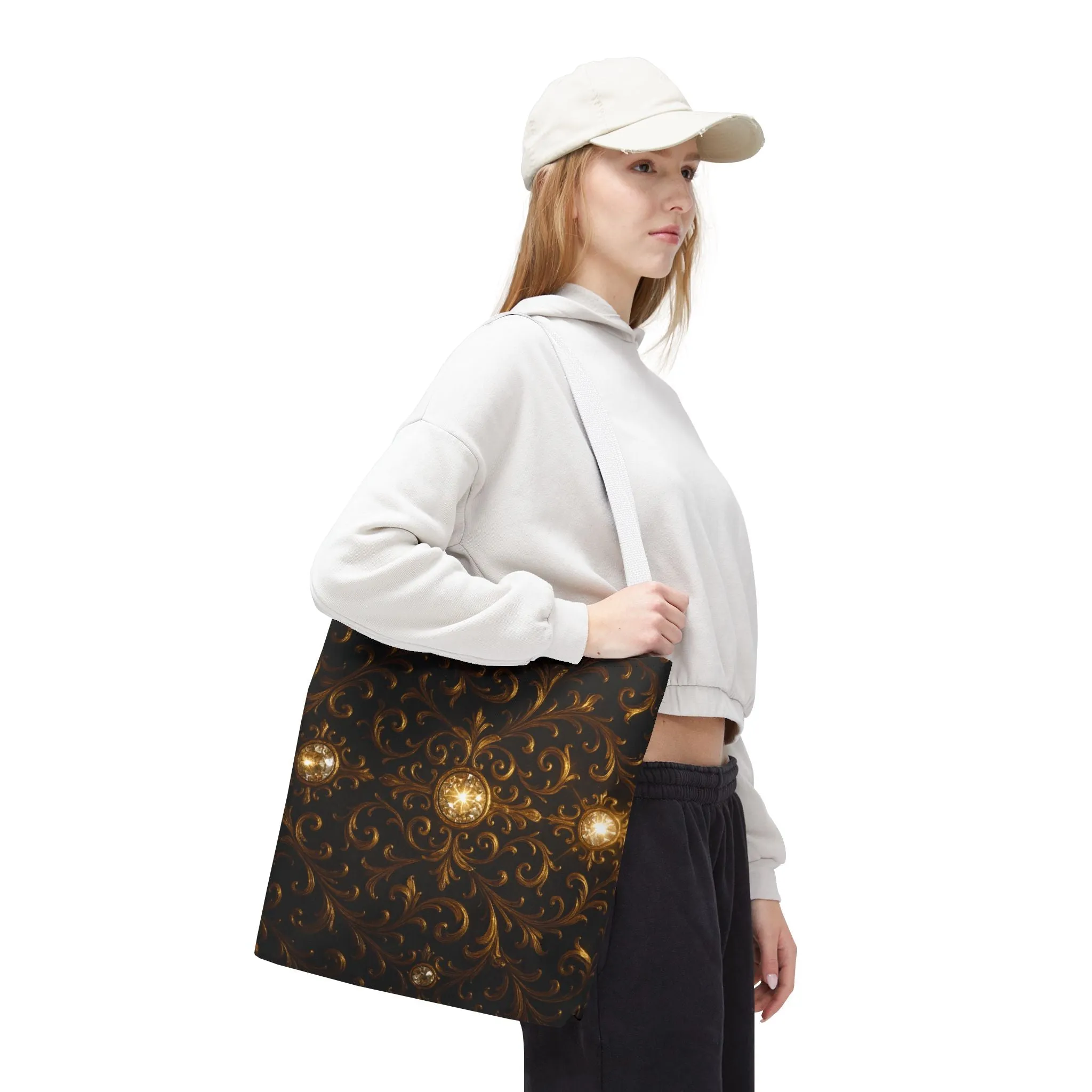 Elegant Baroque Tote Bag - Black and Gold Ornate Design Purse, Reusable Stylish Shoulder Bag for Women, Vintage Luxe Aesthetic Gift
