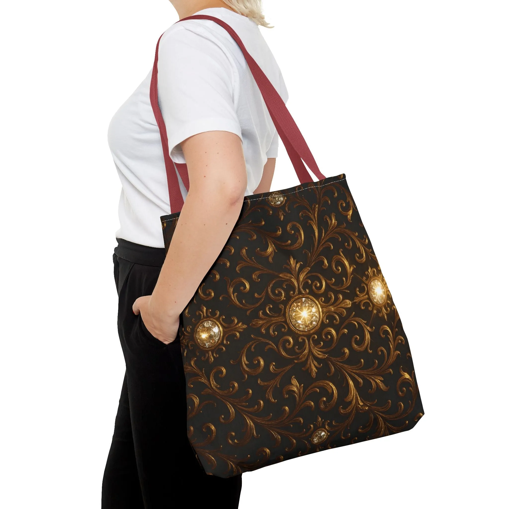 Elegant Baroque Tote Bag - Black and Gold Ornate Design Purse, Reusable Stylish Shoulder Bag for Women, Vintage Luxe Aesthetic Gift