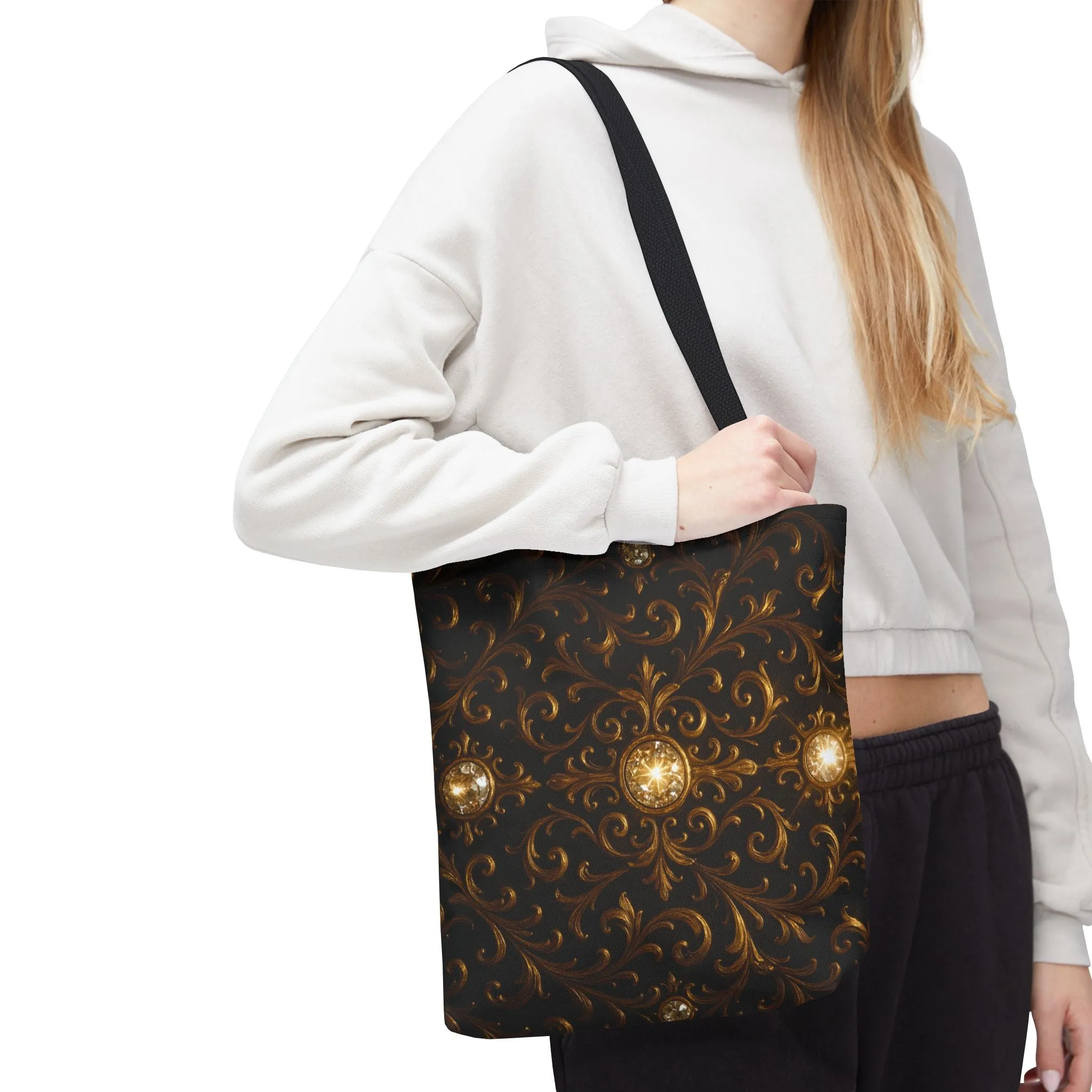 Elegant Baroque Tote Bag - Black and Gold Ornate Design Purse, Reusable Stylish Shoulder Bag for Women, Vintage Luxe Aesthetic Gift
