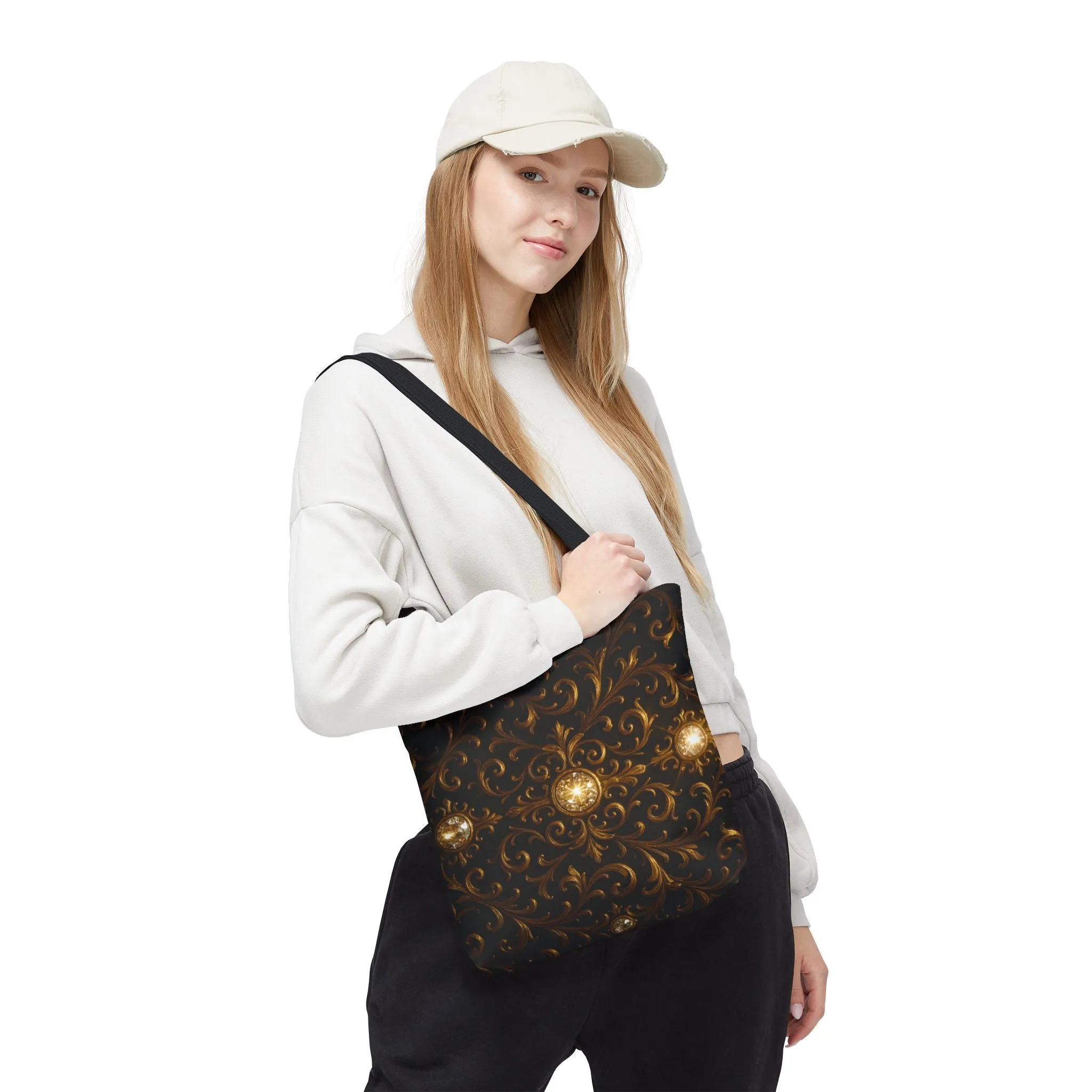 Elegant Baroque Tote Bag - Black and Gold Ornate Design Purse, Reusable Stylish Shoulder Bag for Women, Vintage Luxe Aesthetic Gift