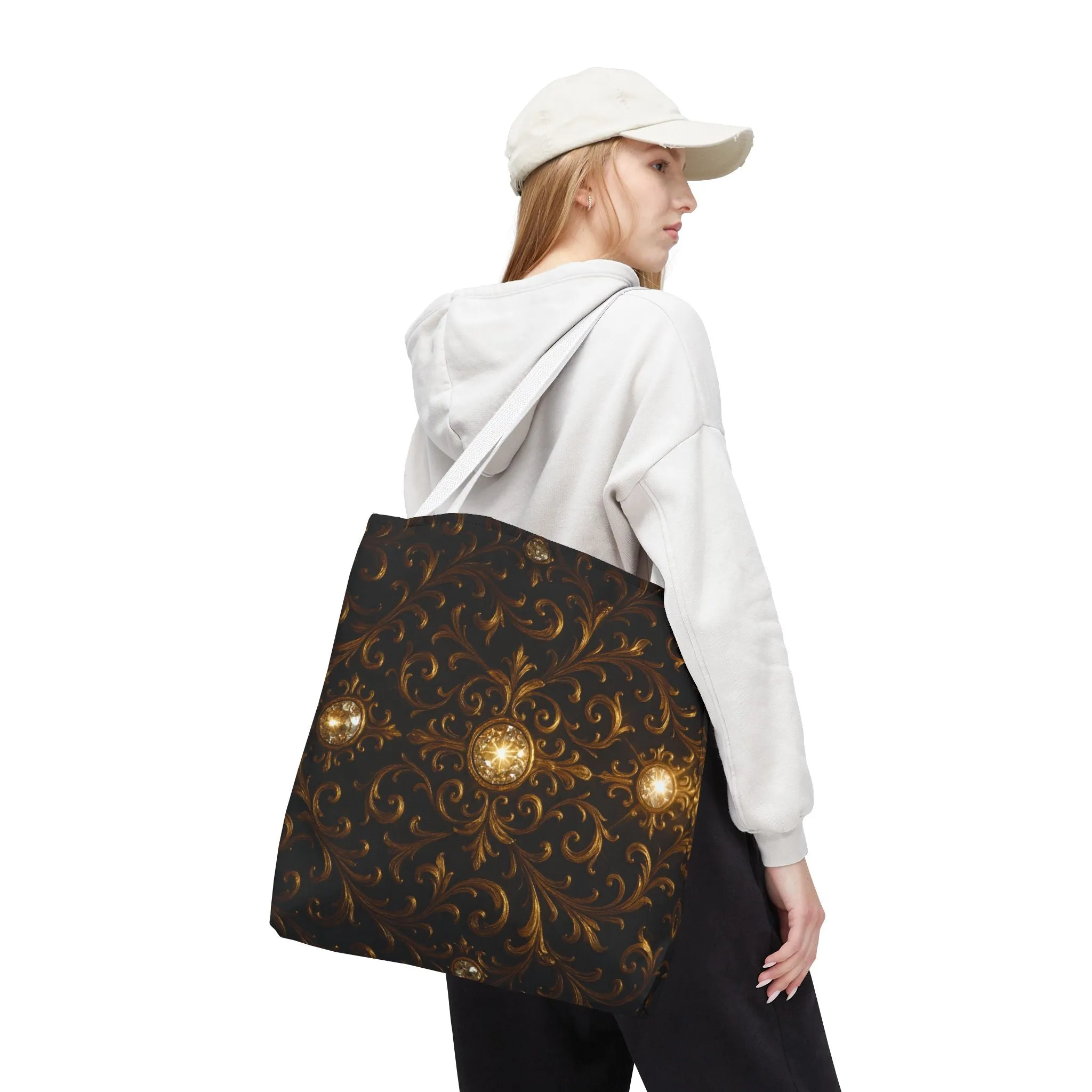 Elegant Baroque Tote Bag - Black and Gold Ornate Design Purse, Reusable Stylish Shoulder Bag for Women, Vintage Luxe Aesthetic Gift