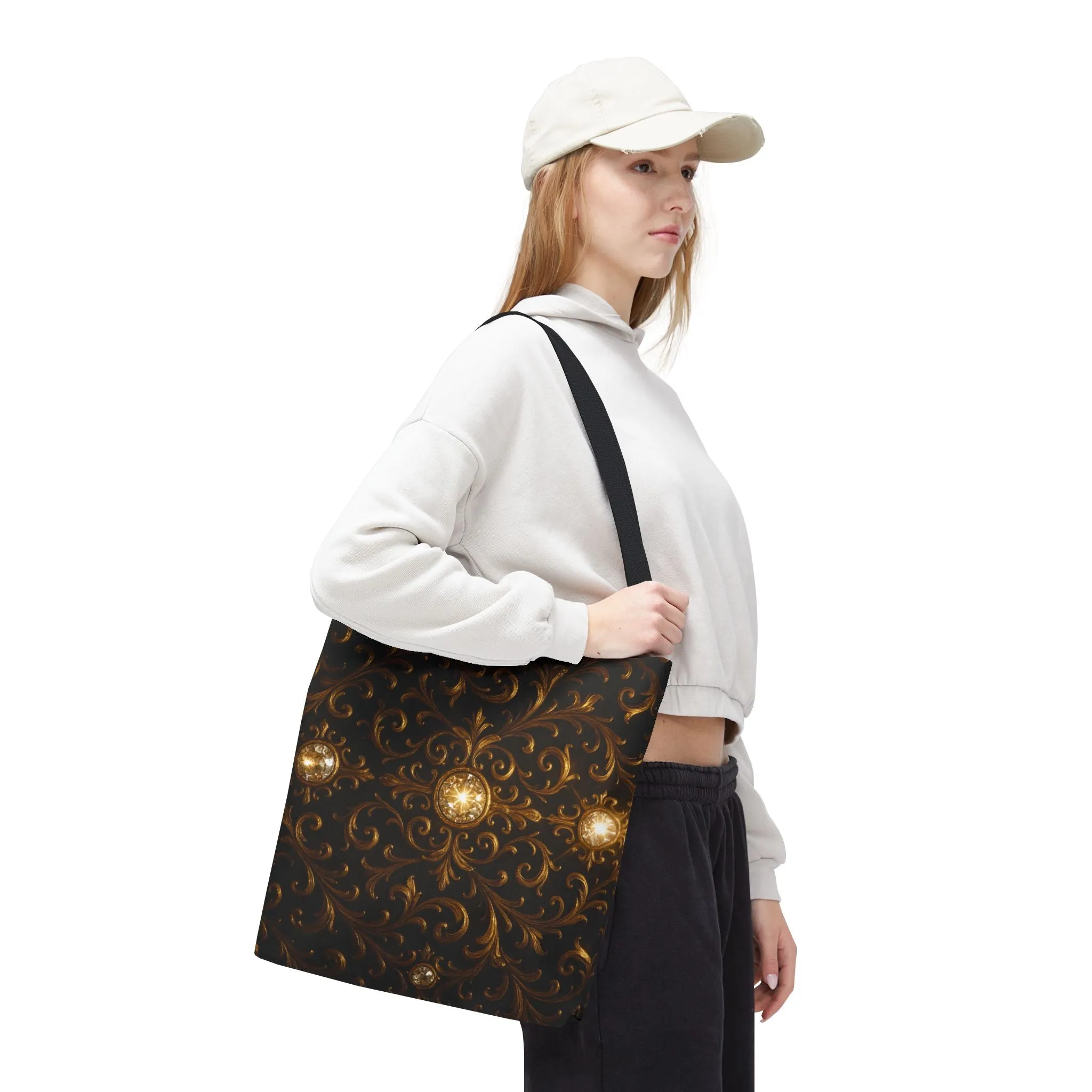 Elegant Baroque Tote Bag - Black and Gold Ornate Design Purse, Reusable Stylish Shoulder Bag for Women, Vintage Luxe Aesthetic Gift