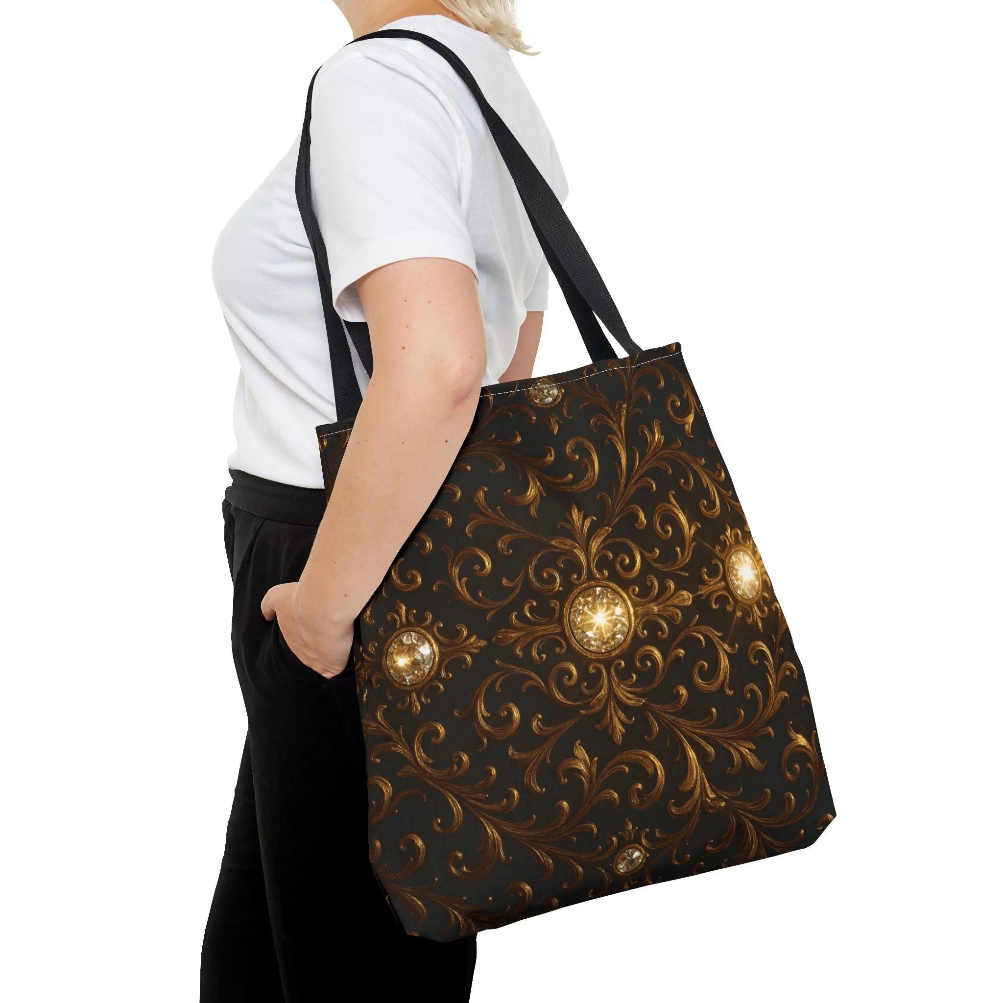 Elegant Baroque Tote Bag - Black and Gold Ornate Design Purse, Reusable Stylish Shoulder Bag for Women, Vintage Luxe Aesthetic Gift