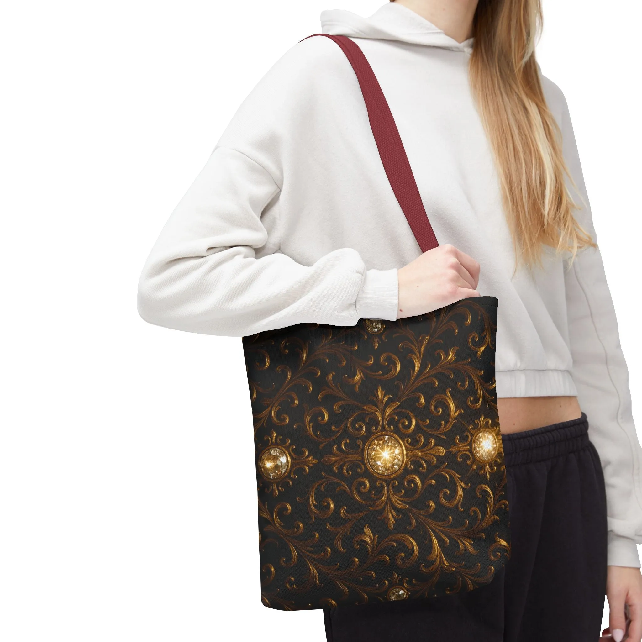 Elegant Baroque Tote Bag - Black and Gold Ornate Design Purse, Reusable Stylish Shoulder Bag for Women, Vintage Luxe Aesthetic Gift
