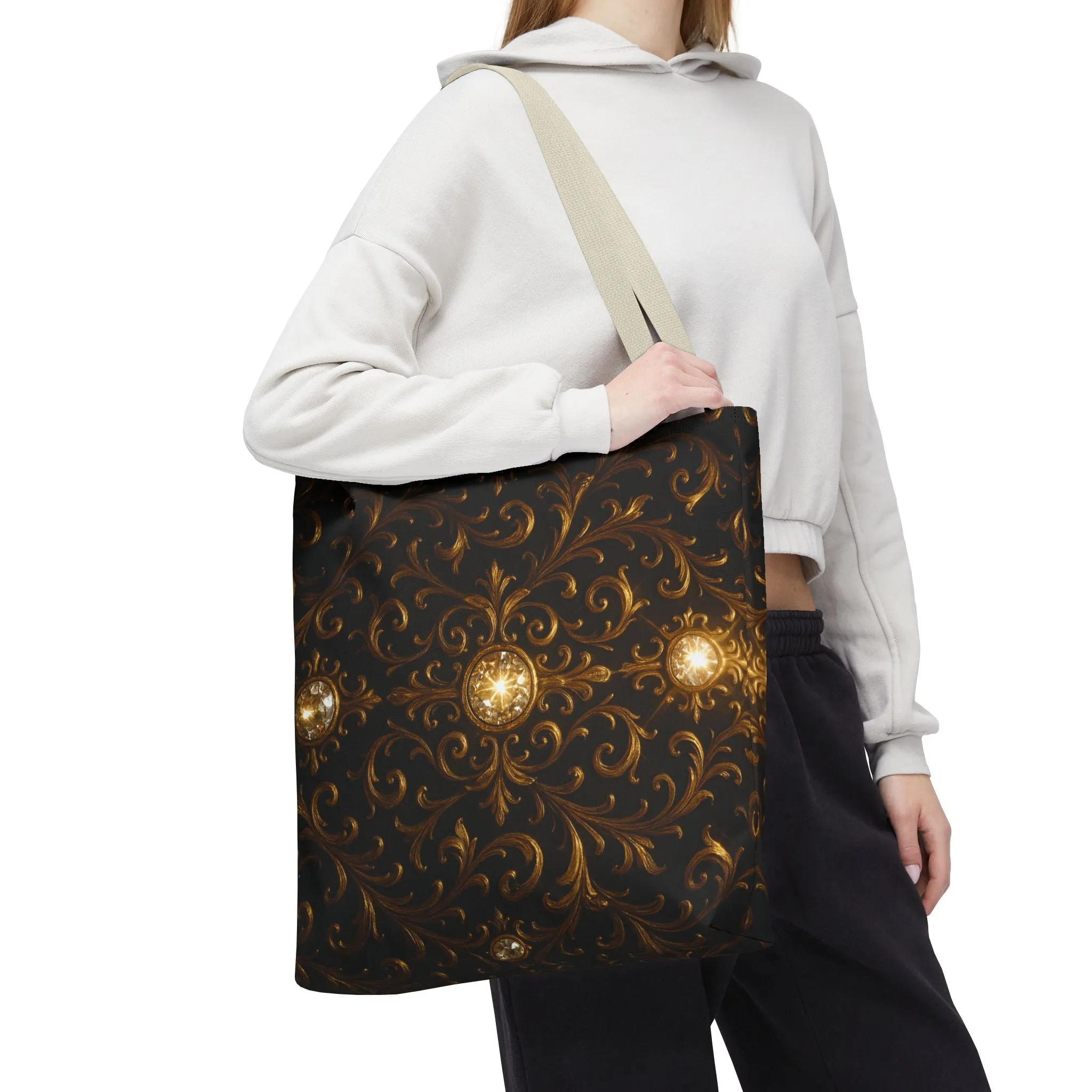 Elegant Baroque Tote Bag - Black and Gold Ornate Design Purse, Reusable Stylish Shoulder Bag for Women, Vintage Luxe Aesthetic Gift