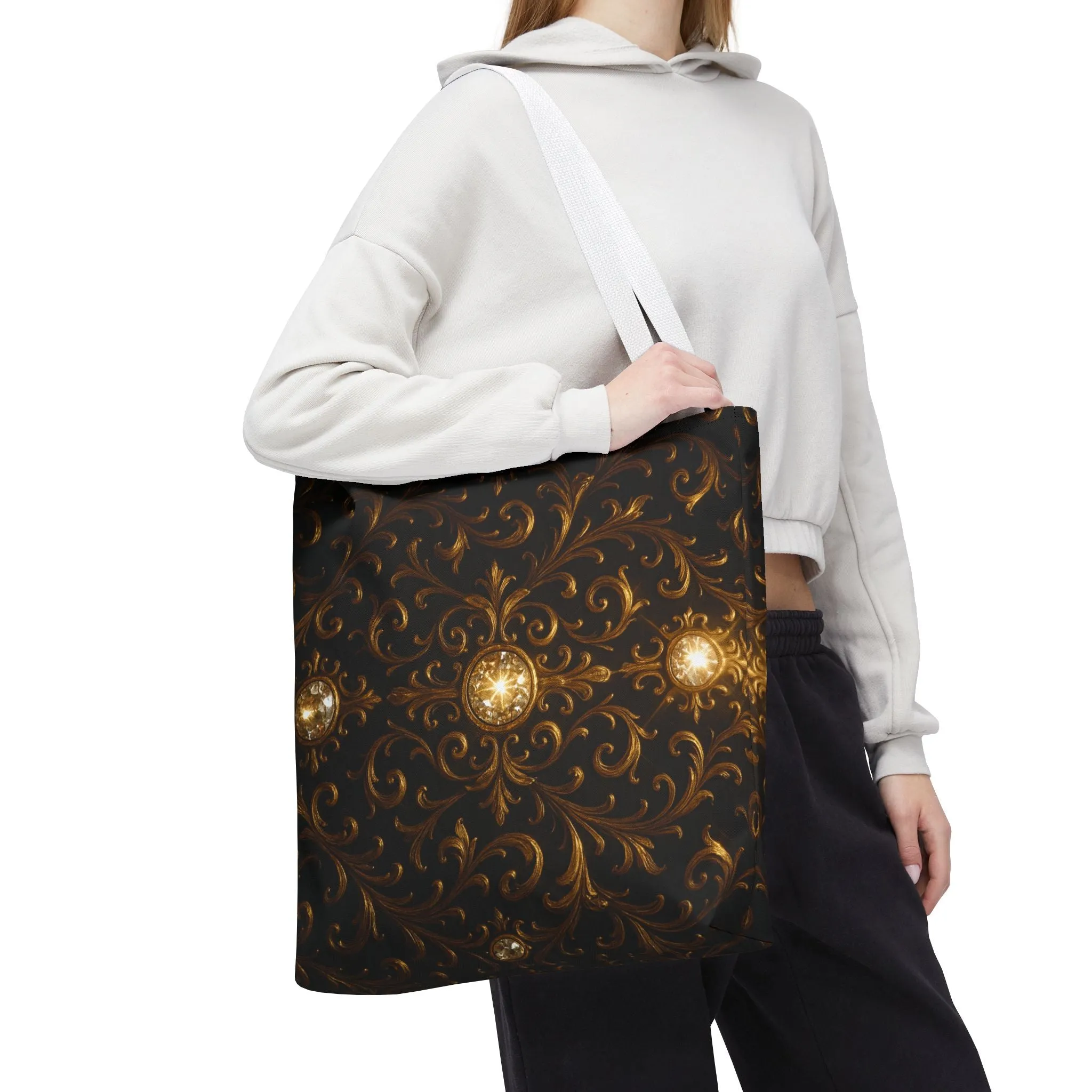 Elegant Baroque Tote Bag - Black and Gold Ornate Design Purse, Reusable Stylish Shoulder Bag for Women, Vintage Luxe Aesthetic Gift