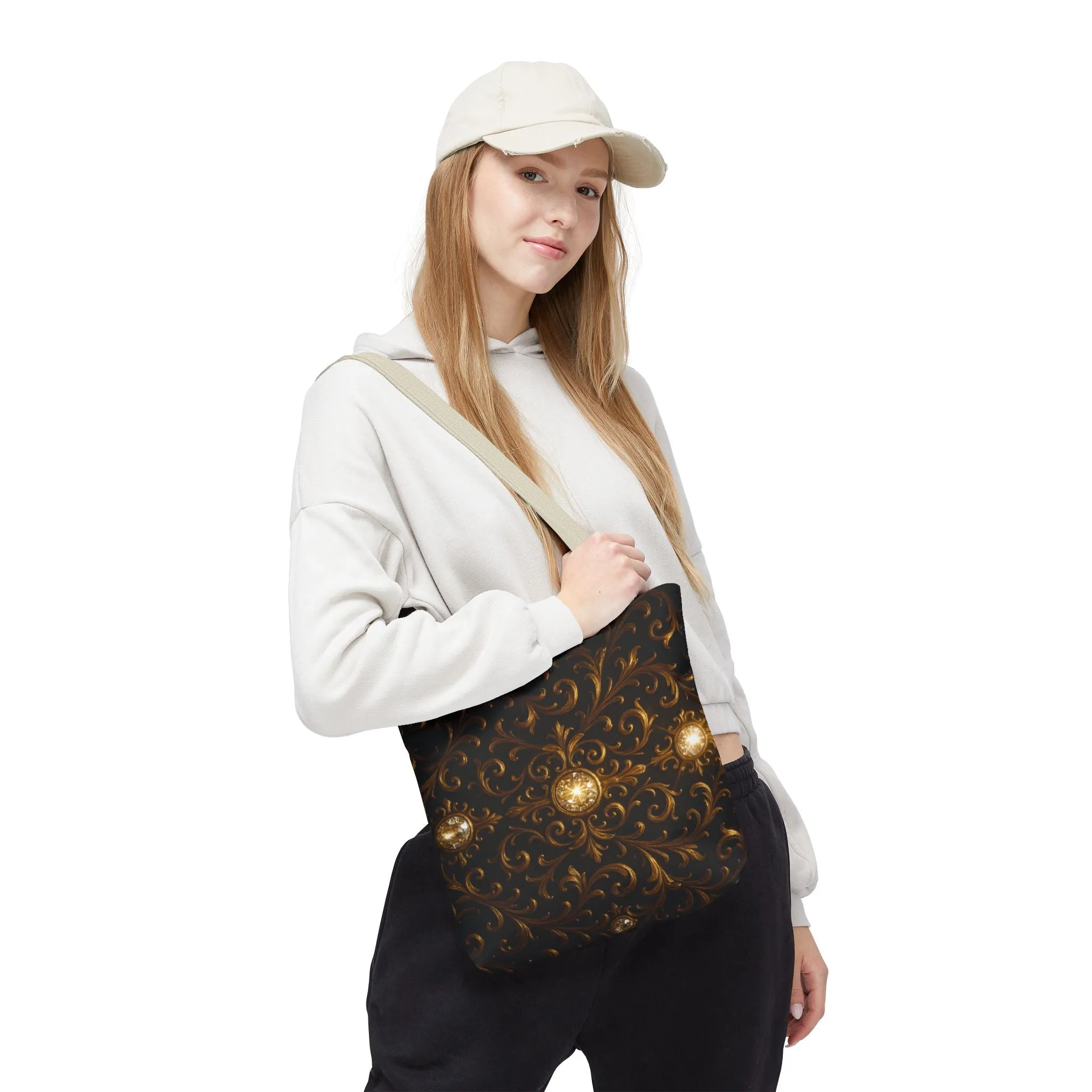 Elegant Baroque Tote Bag - Black and Gold Ornate Design Purse, Reusable Stylish Shoulder Bag for Women, Vintage Luxe Aesthetic Gift