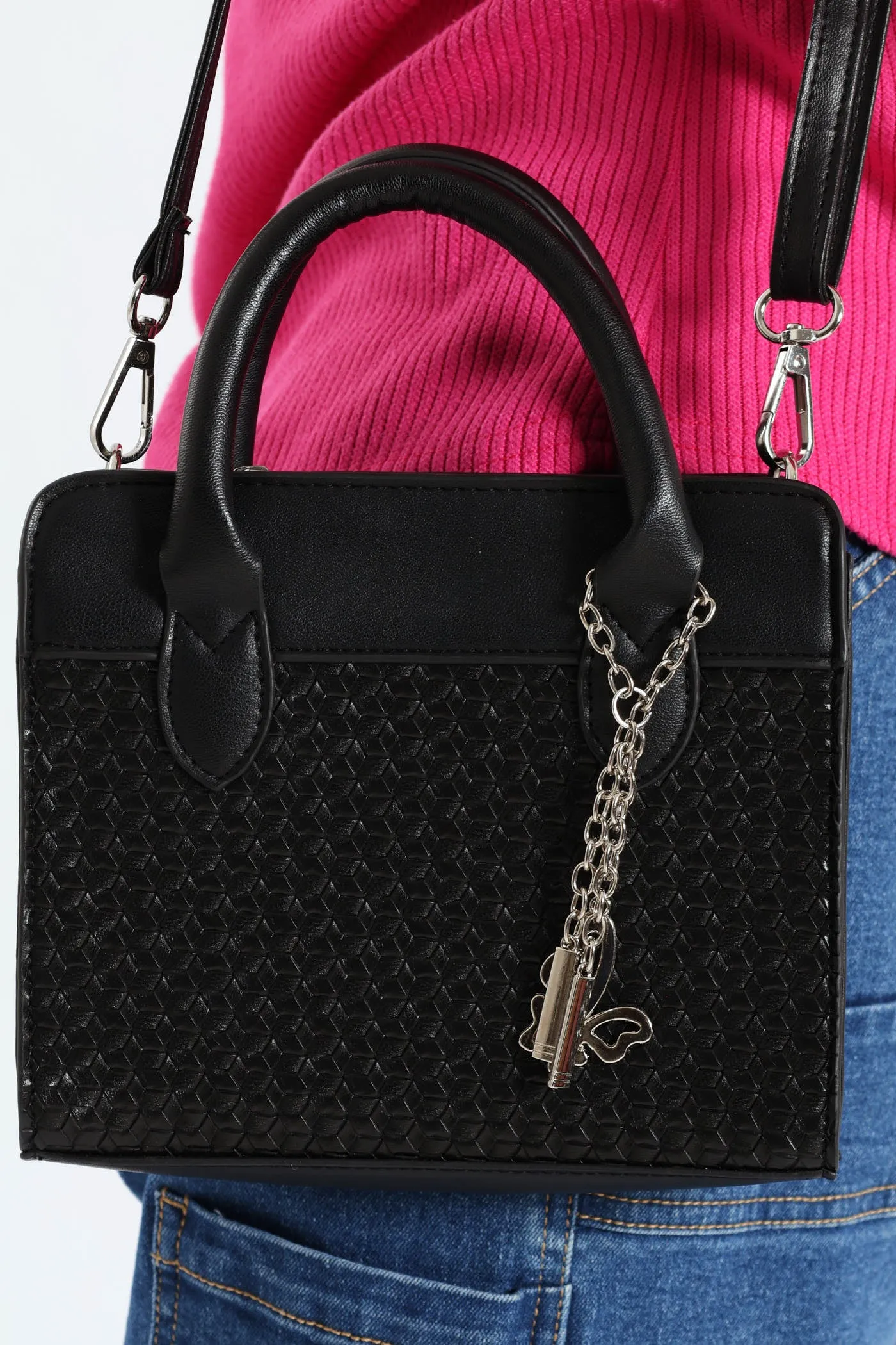 Embossed Charm Detail Tote Bag - Black