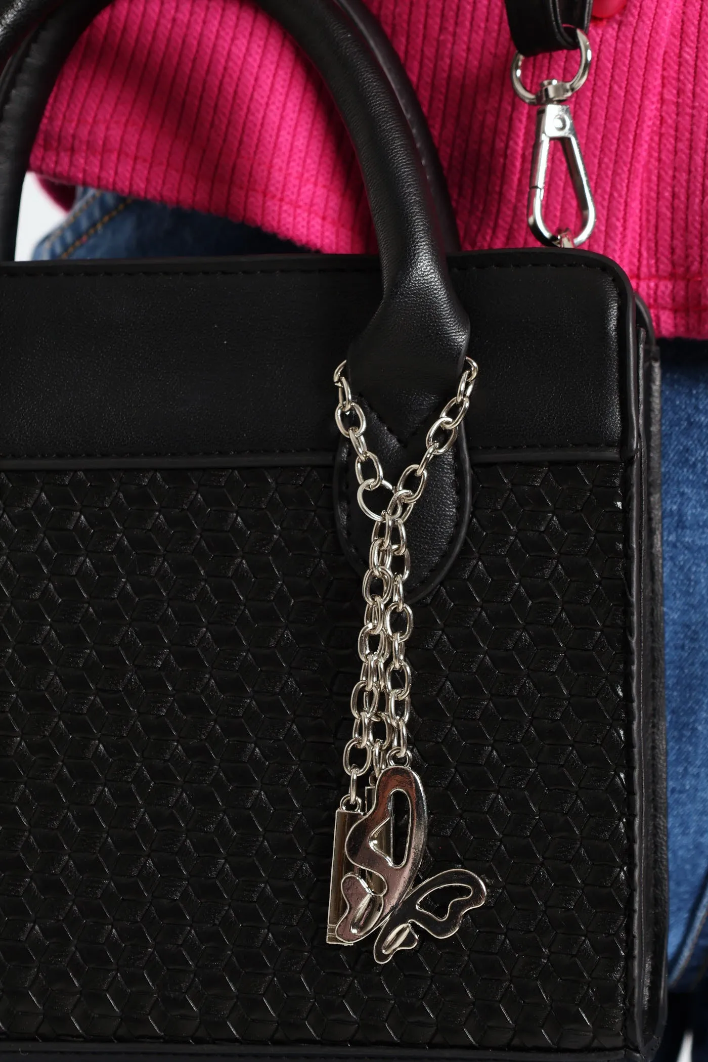 Embossed Charm Detail Tote Bag - Black