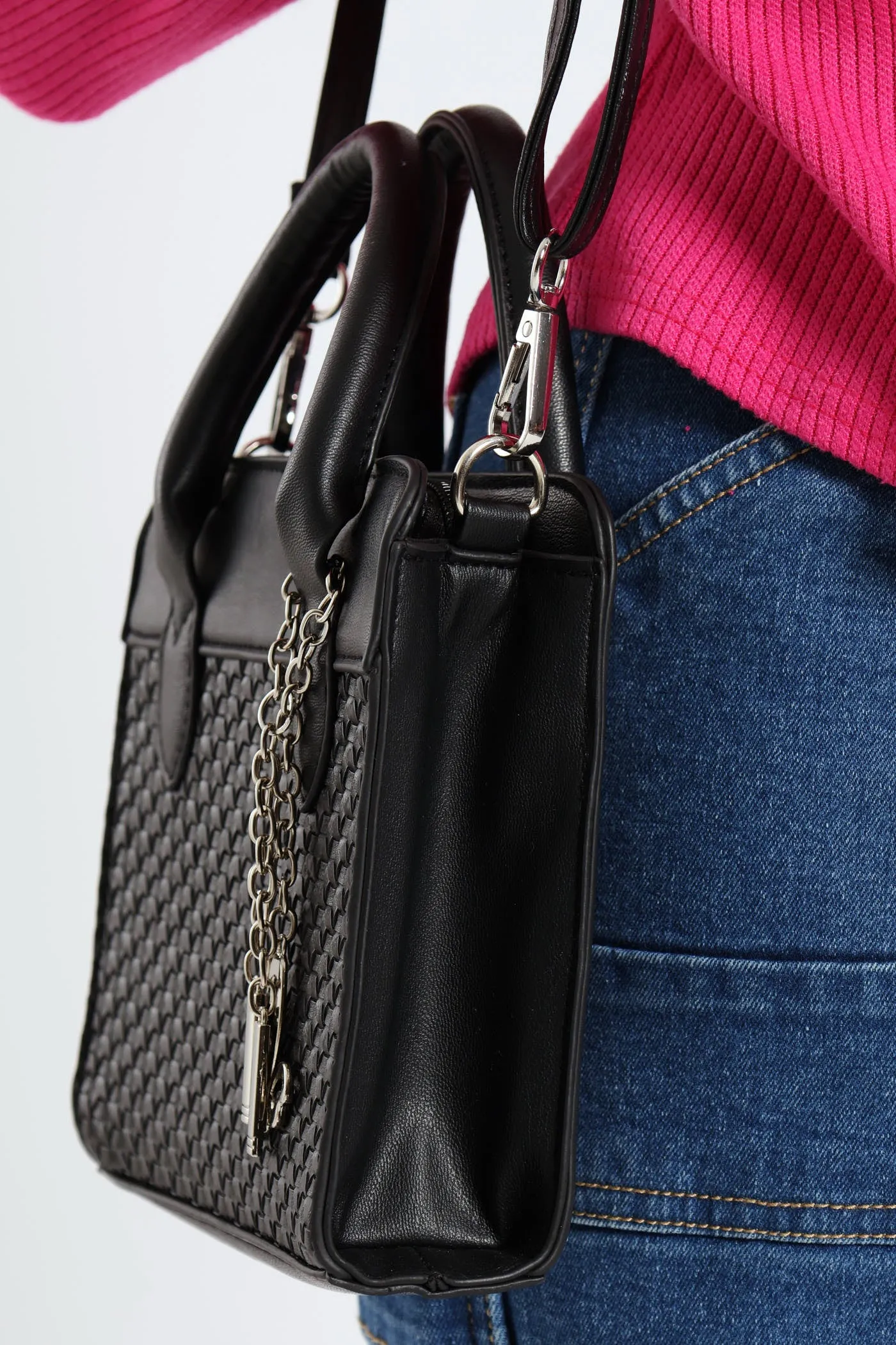 Embossed Charm Detail Tote Bag - Black