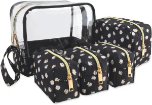 Emma & Chloe Travel Toiletry Bags for Women, 5 Piece Waterproof Cosmetic Case, Bag, Pouch Makeup Organizer Set for Women, Home Counters (Delicate White Daisies)