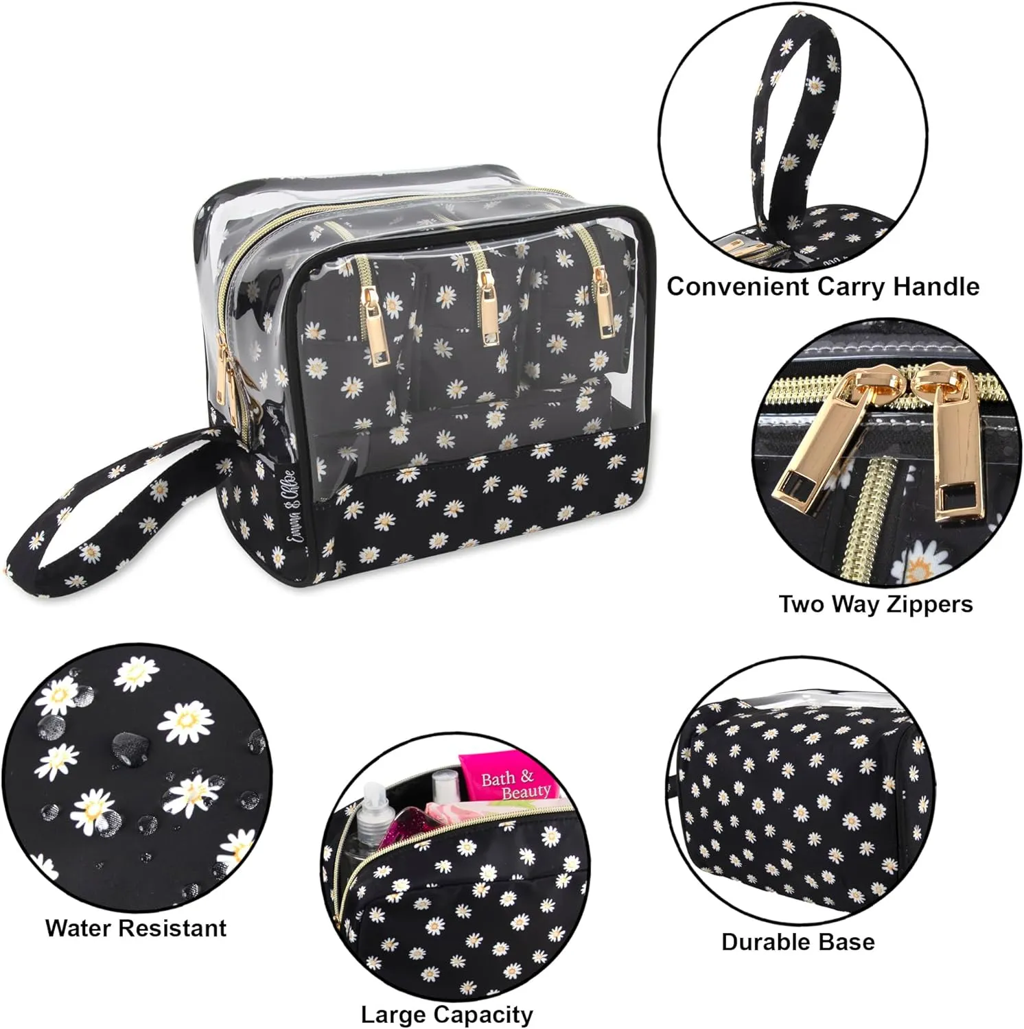 Emma & Chloe Travel Toiletry Bags for Women, 5 Piece Waterproof Cosmetic Case, Bag, Pouch Makeup Organizer Set for Women, Home Counters (Delicate White Daisies)
