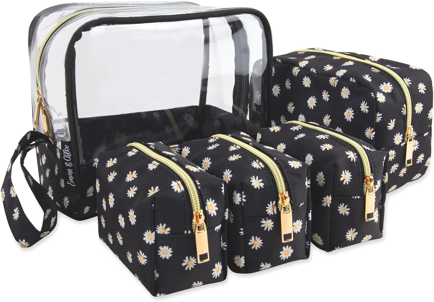 Emma & Chloe Travel Toiletry Bags for Women, 5 Piece Waterproof Cosmetic Case, Bag, Pouch Makeup Organizer Set for Women, Home Counters (Delicate White Daisies)