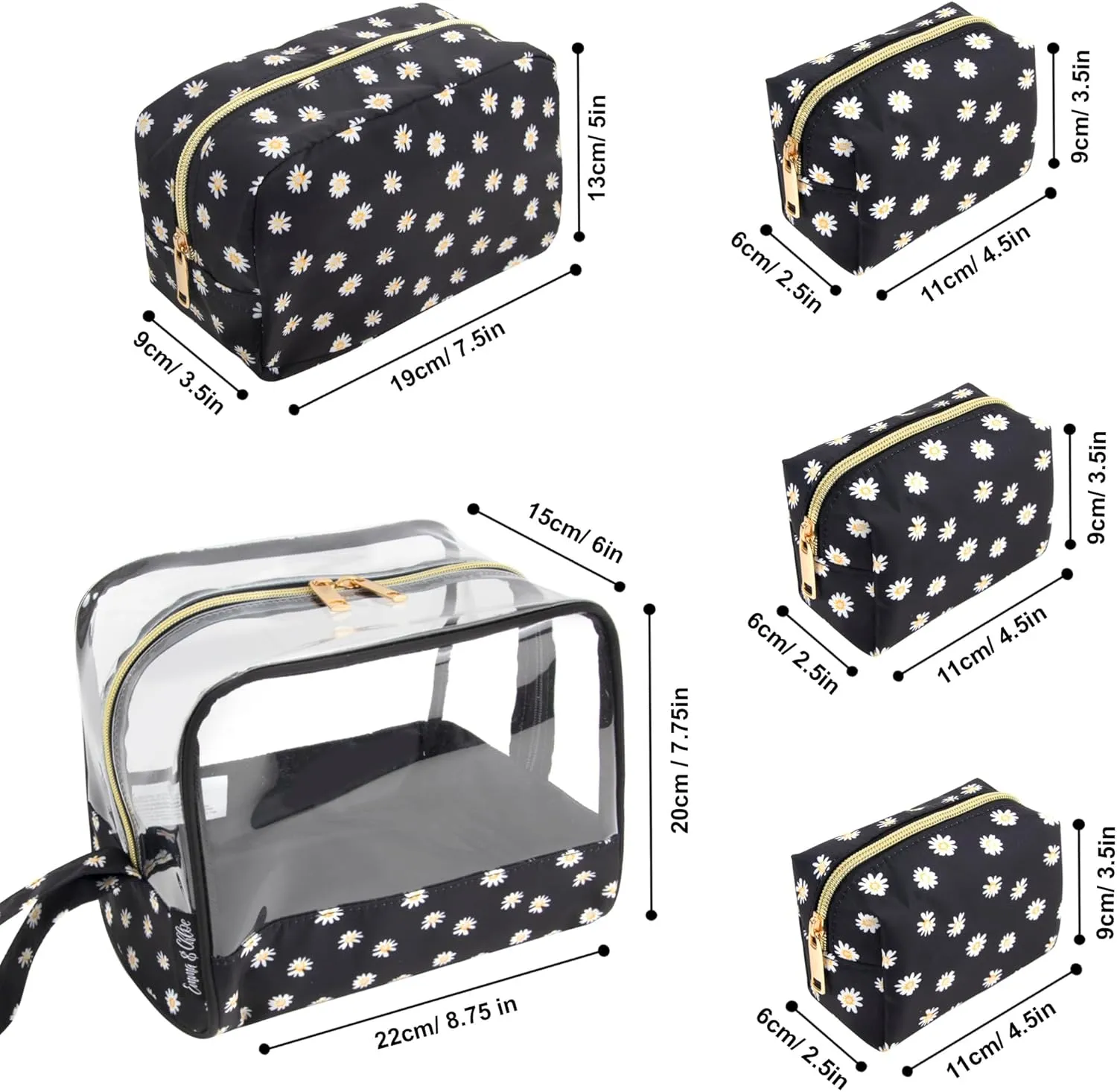 Emma & Chloe Travel Toiletry Bags for Women, 5 Piece Waterproof Cosmetic Case, Bag, Pouch Makeup Organizer Set for Women, Home Counters (Delicate White Daisies)