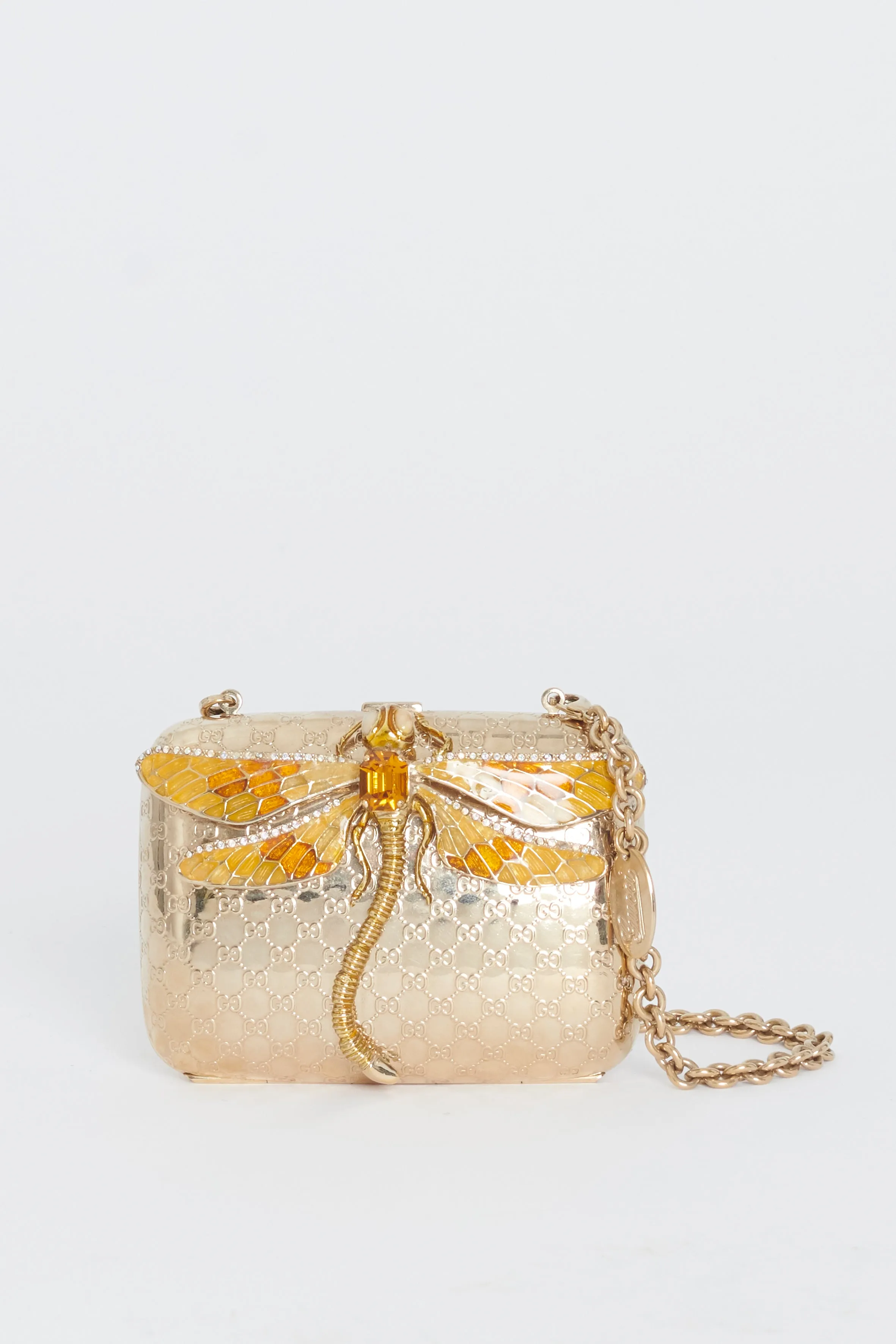 Enamel Embossed Guccissima Minaudiere Gold and Dragonfly Economical Micro Returning customer offer Metal Bag