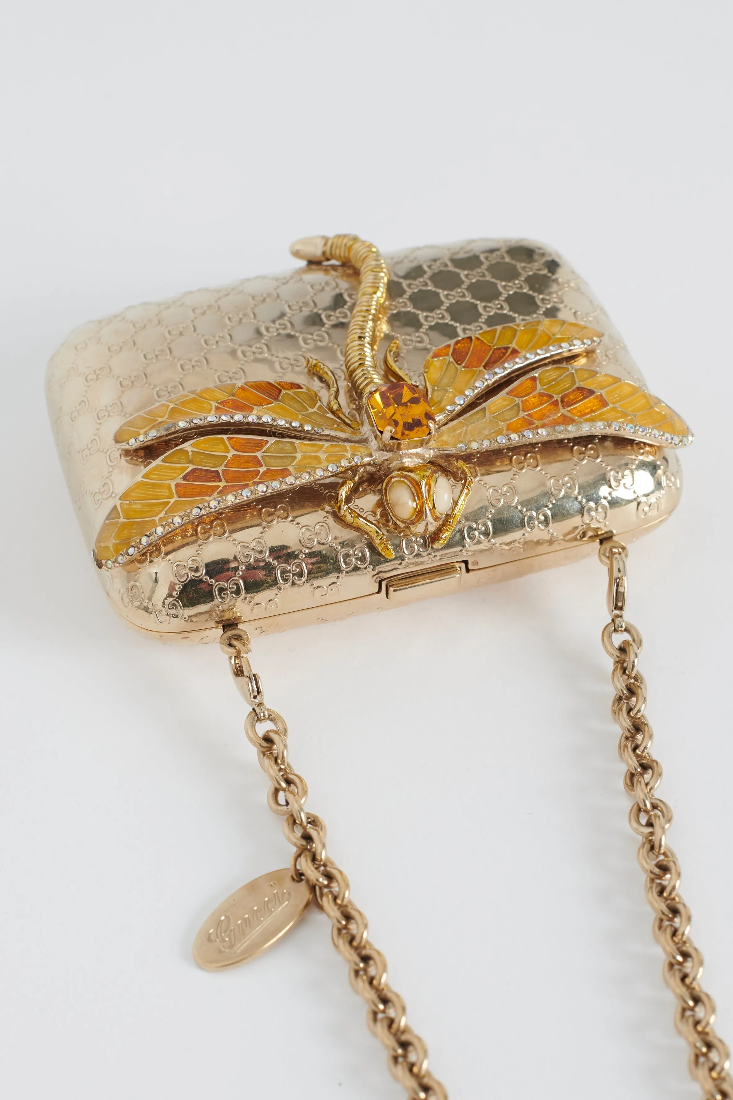 Enamel Embossed Guccissima Minaudiere Gold and Dragonfly Economical Micro Returning customer offer Metal Bag