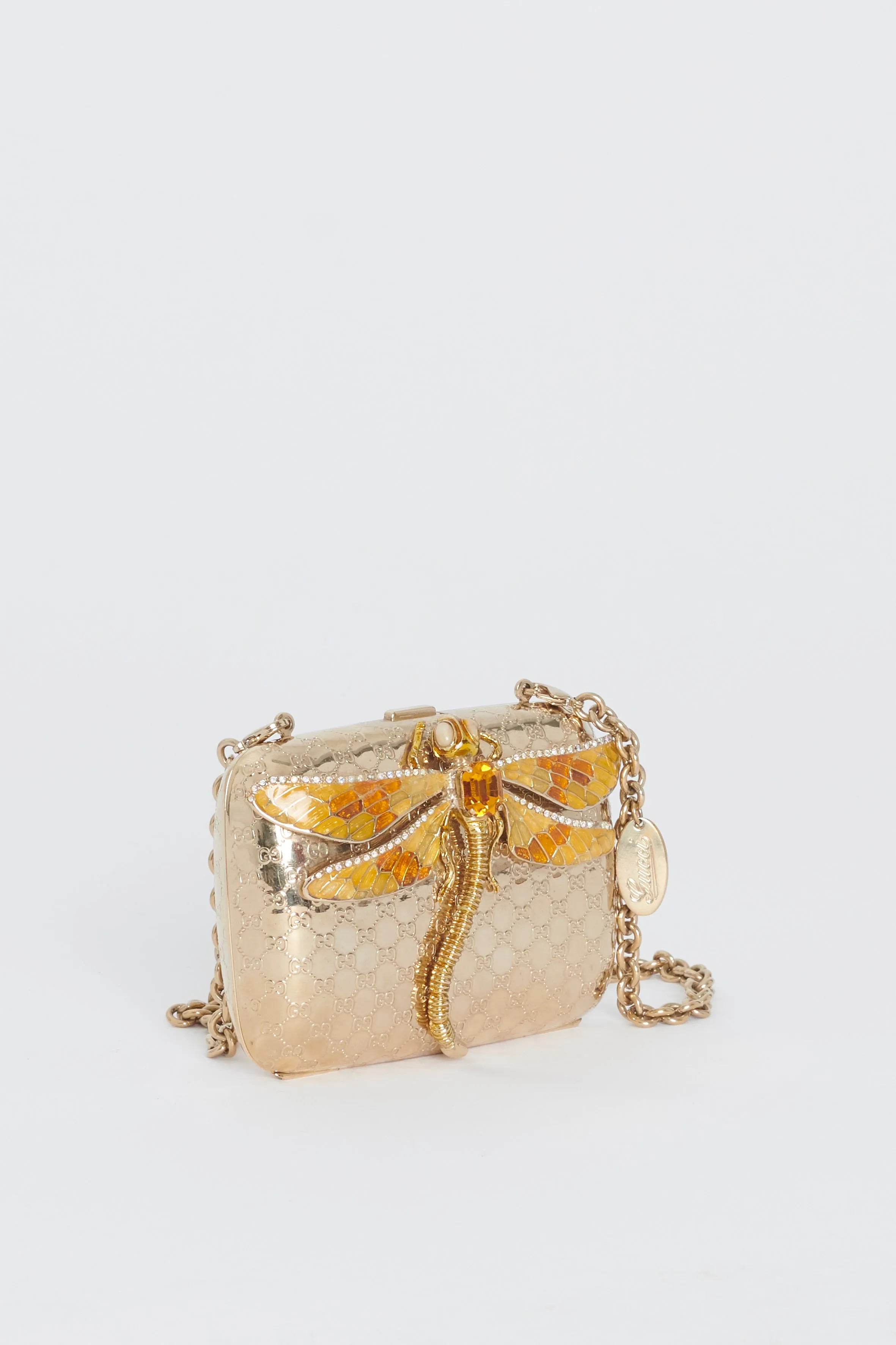 Enamel Embossed Guccissima Minaudiere Gold and Dragonfly Economical Micro Returning customer offer Metal Bag