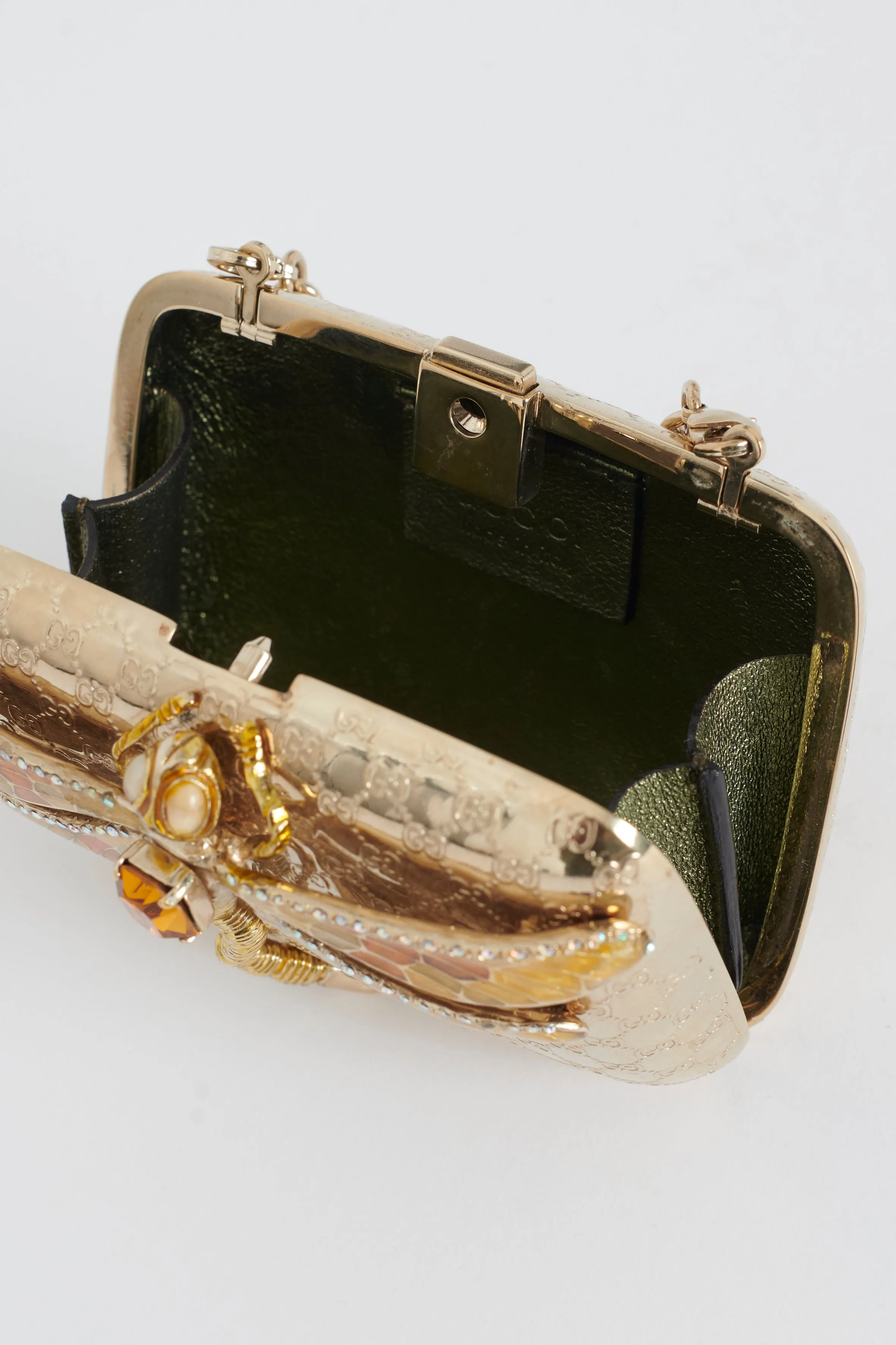Enamel Embossed Guccissima Minaudiere Gold and Dragonfly Economical Micro Returning customer offer Metal Bag
