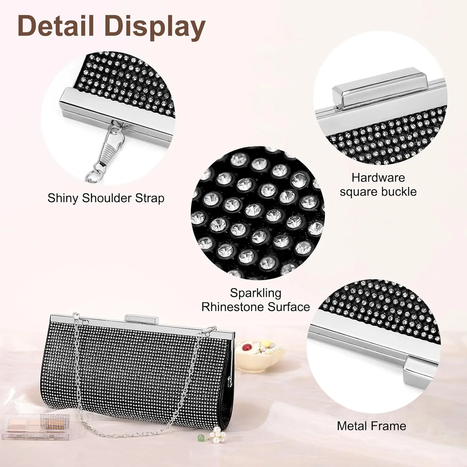 Evening Bags Clutch Purses for Women Formal, Crystal Rhinestone Purse Handbag Crossbody Bag with Chain Shoulder Bag Sparkly for Wedding Guest Party Black