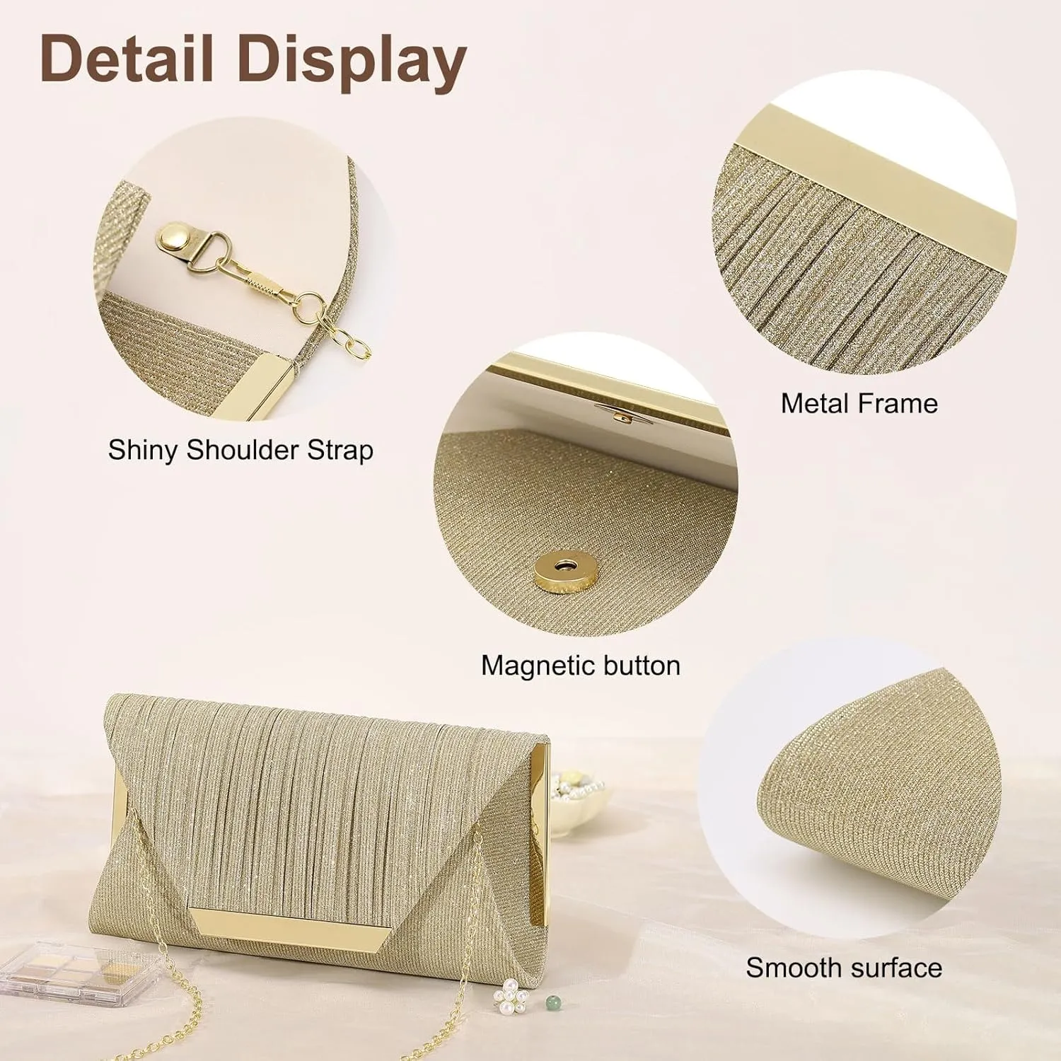 Evening Bags Clutch Purses for Women Formal, Purse Handbag Crossbody Bag with Chain Strap Shoulder Bag Sparkly for Wedding Guest Party Gold