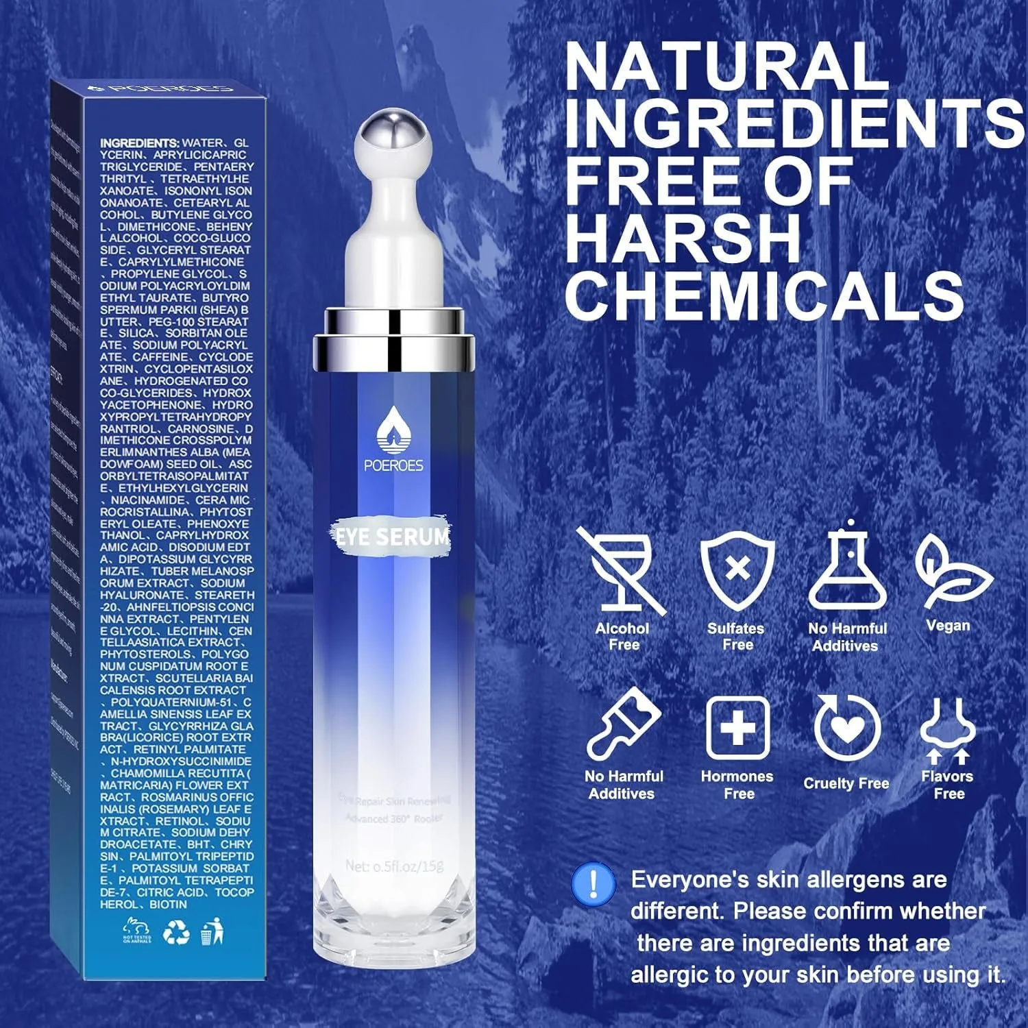 Eye Serum with 8% Caffeine 8% Retinol Hyaluronic Acid Niacinamide Peptides for Puffy Eye Bags Fine Lines Dark Circles Wrinkles, under Eye Cream with 360° Eye Roller Massage Ball, 0.5 Fl. Oz