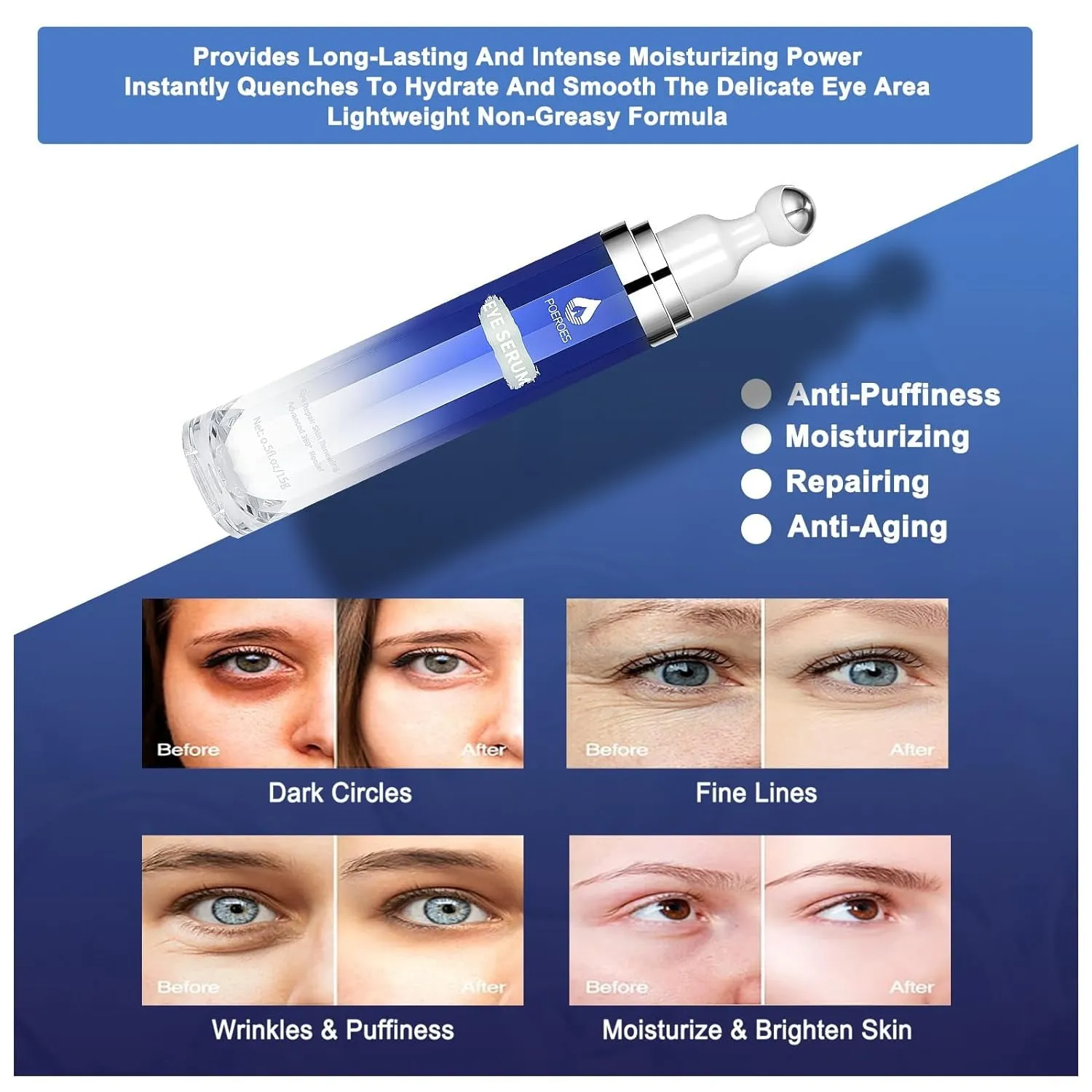 Eye Serum with 8% Caffeine 8% Retinol Hyaluronic Acid Niacinamide Peptides for Puffy Eye Bags Fine Lines Dark Circles Wrinkles, under Eye Cream with 360° Eye Roller Massage Ball, 0.5 Fl. Oz
