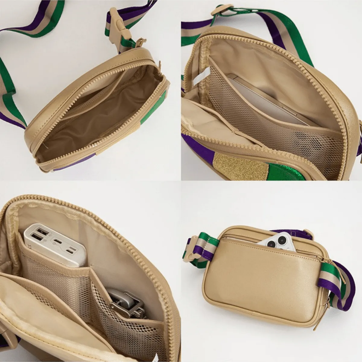 Faux Leather Mardi Gras Sparkle Rectangle Belt Bag - Gold